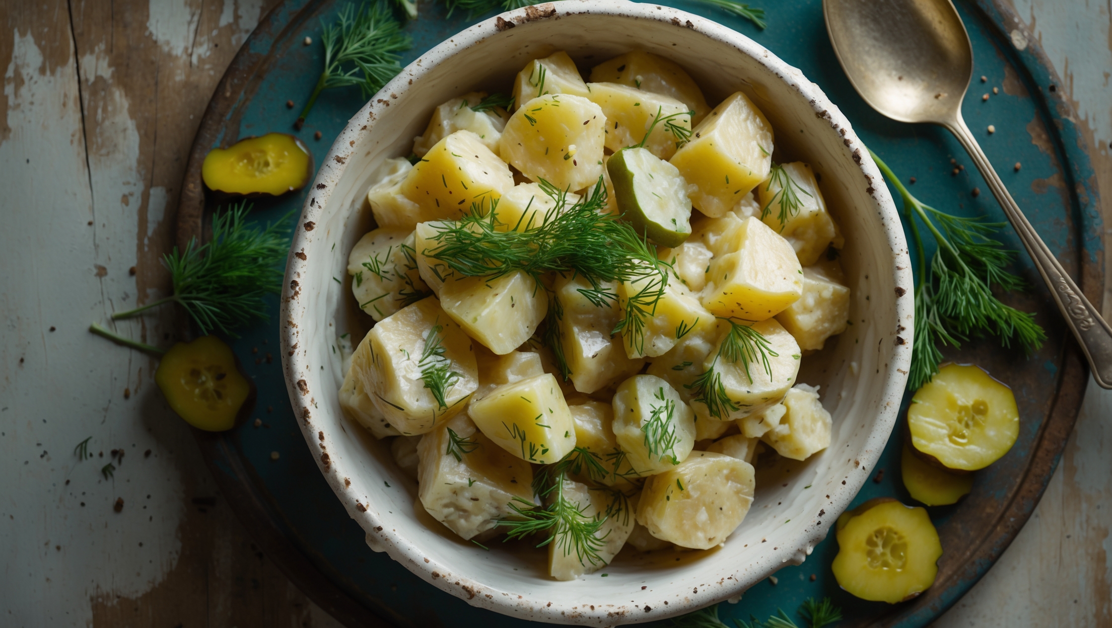 An overhead shot of a rustic white ceramic bowl filled with Dill Pickle Potato Salad, showcasing chunks of golden potatoes interspersed with bright green dill sprigs and pickle pieces. Soft natural light highlights the creamy texture of the dressing, with tiny specks of black pepper and paprika visible throughout. The bowl rests on a weathered wooden table alongside a vintage serving spoon, with scattered fresh dill and pickle slices artfully arranged around the edges. Small drops of dressing cling to the sides of the bowl, emphasizing the rich, tangy nature of this dish.