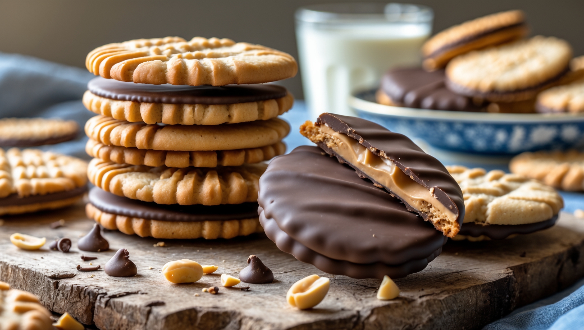 A stack of golden-brown peanut butter sandwich cookies captured in warm afternoon light, with half of each cookie elegantly dipped in glossy dark chocolate. The cross-section view reveals the creamy peanut butter filling nestled between the classic criss-cross patterned cookies. Several cookies are artfully arranged on a rustic wooden board with scattered peanuts and chocolate chips adding visual interest. The chocolate coating has just begun to set, maintaining a slight sheen that contrasts beautifully with the textured surface of the cookies. A vintage blue ceramic plate holds additional cookies in the background, with a glass of milk slightly out of focus, suggesting the perfect pairing.