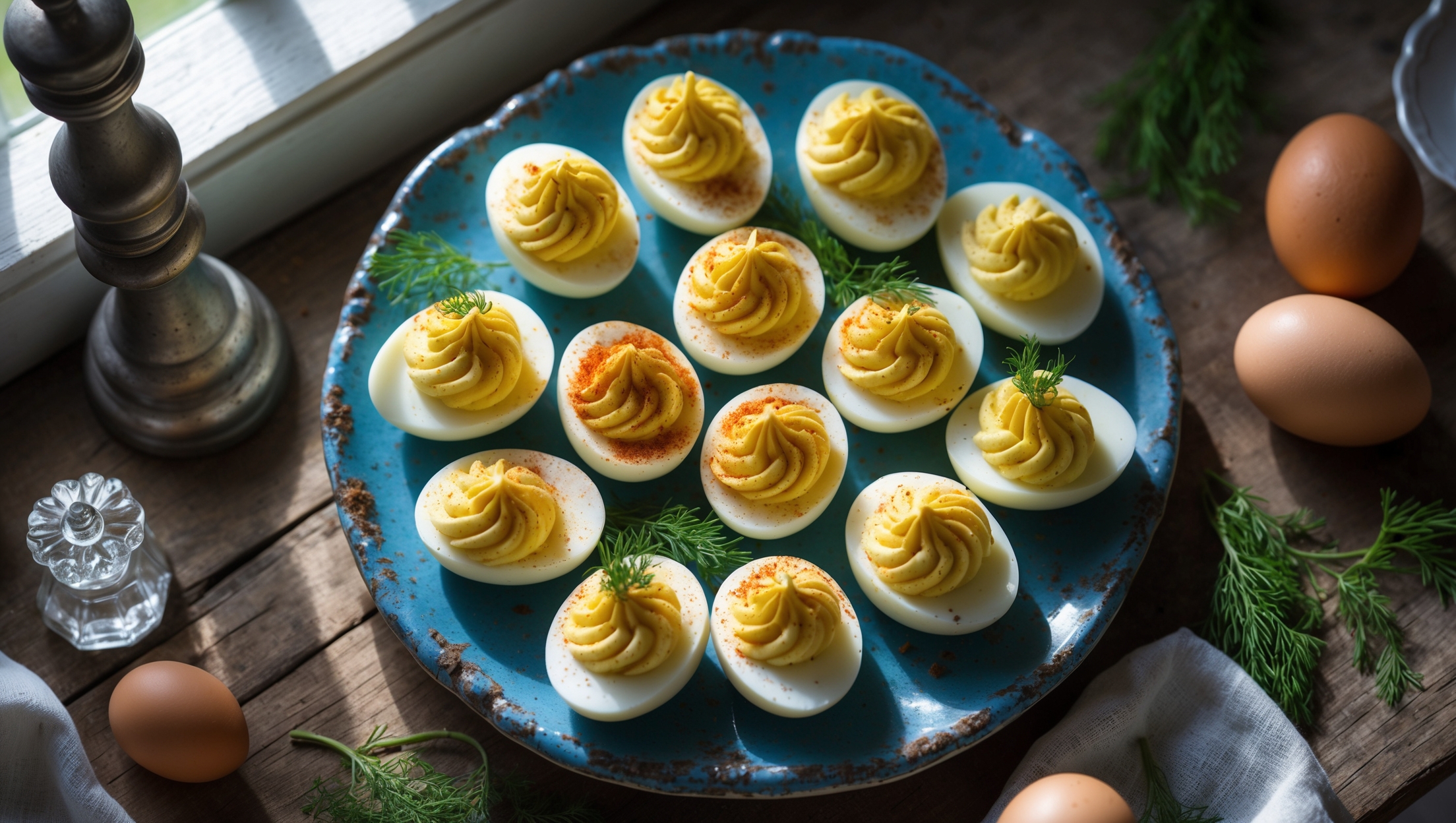 An overhead shot of a vintage blue ceramic deviled egg platter holding a dozen perfectly halved deviled eggs, their creamy yellow centers piped in an elegant swirl and garnished with a light dusting of paprika and delicate fresh dill sprigs. The platter sits on a rustic wooden table alongside scattered fresh herbs and a few whole eggs, with soft natural light streaming through a nearby window highlighting the silky texture of the filling and creating gentle shadows that add depth. A small crystal salt cellar and pepper grinder sit nearby, suggesting the fresh seasonings used in the preparation.