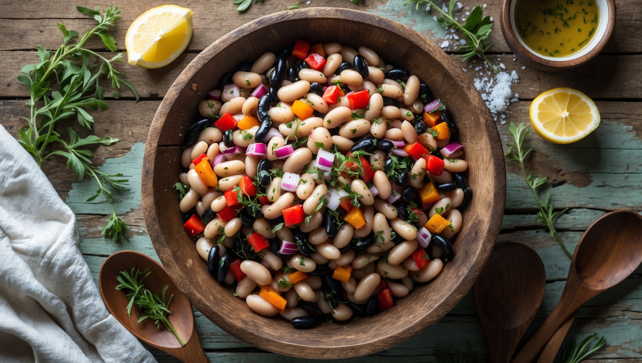 Overhead shot of a rustic wooden serving bowl filled with a colorful medley of beans in varying shades of red, white, and black, interspersed with vibrant diced bell peppers, red onions, and fresh herbs. The salad glistens under soft natural light, highlighting the sheen from the olive oil dressing. Scattered around the bowl are fresh herb sprigs, lemon wedges, and a small dish of extra dressing. The composition shows the contrasting textures—plump beans against crisp vegetables—with flecks of cracked black pepper and sea salt visible on top, all arranged on a weathered farmhouse table with linen napkins and wooden serving spoons.