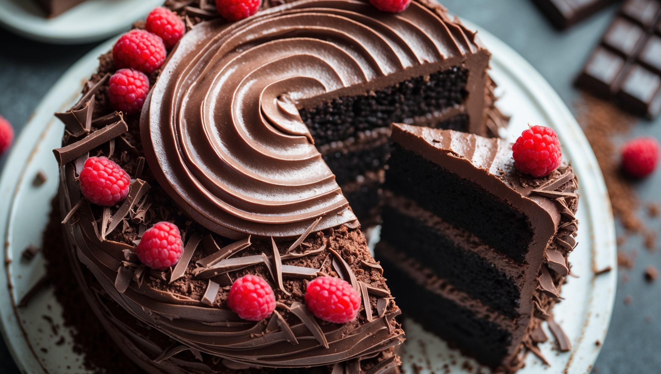 An overhead shot of a three-layer Devil's Food cake with dramatic height, captured in soft natural light on a vintage white cake stand. The chocolate frosting is perfectly swirled with appealing ridges, showing its velvety texture. A slice has been removed, revealing the cake's impossibly moist, dark crumb contrasting beautifully with the glossy frosting. Chocolate shavings cascade down the sides while a scattering of fresh raspberries adds vibrant red accents against the deep chocolate color. The background features blurred cocoa powder and chocolate squares, hinting at the cake's intense flavor profile.