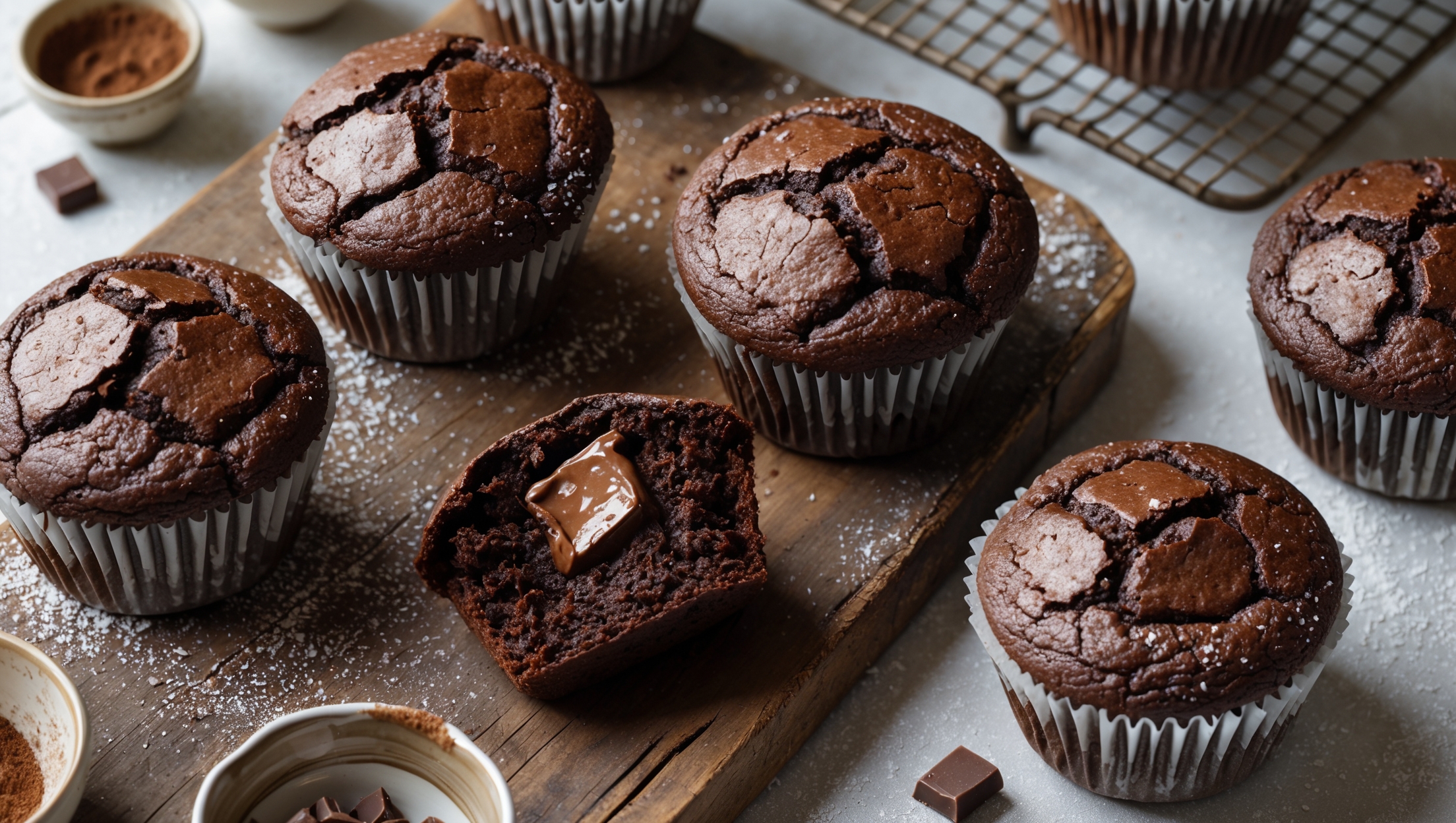 An overhead shot of six double chocolate muffins arranged on a distressed wooden board, their tops crackled and glistening with melted chocolate chunks. A cross-section view reveals the moist, tender crumb interior with pockets of melted chocolate throughout. Shot in soft natural light that accentuates the deep cocoa-colored batter and creates gentle shadows highlighting the muffins' domed tops. Small ceramic bowls of cocoa powder and chocolate chunks are scattered artfully around the composition, while a vintage wire cooling rack holds additional muffins in the background. A light dusting of powdered sugar adds contrast against the deep chocolate tones.