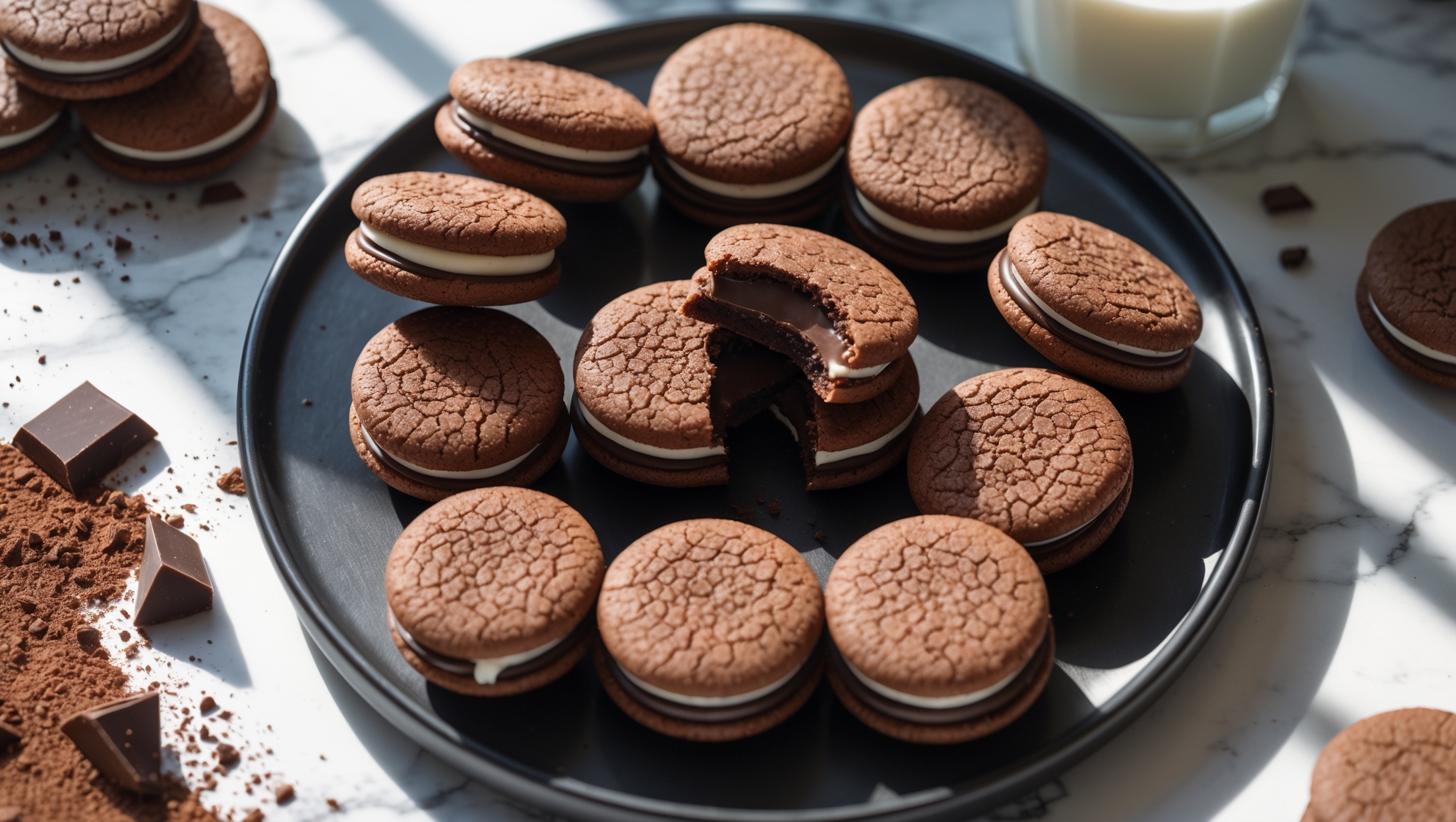 An overhead shot of perfectly round double chocolate sandwich cookies arranged in a casual spiral pattern on a matte black ceramic plate. A cross-section view reveals one cookie broken in half, showcasing the glossy ganache filling contrasting beautifully with the slightly crackled cookie exterior. Shot in soft natural light streaming through a kitchen window, creating gentle shadows that highlight the cookies' textured surfaces. Scattered cocoa powder and chocolate chunks frame the composition on a marble countertop, while a glass of milk sits slightly blurred in the background. The deep brown cookies with their shiny filling catch the light, emphasizing their moist, fudgy texture and the tempting richness that awaits with every bite.