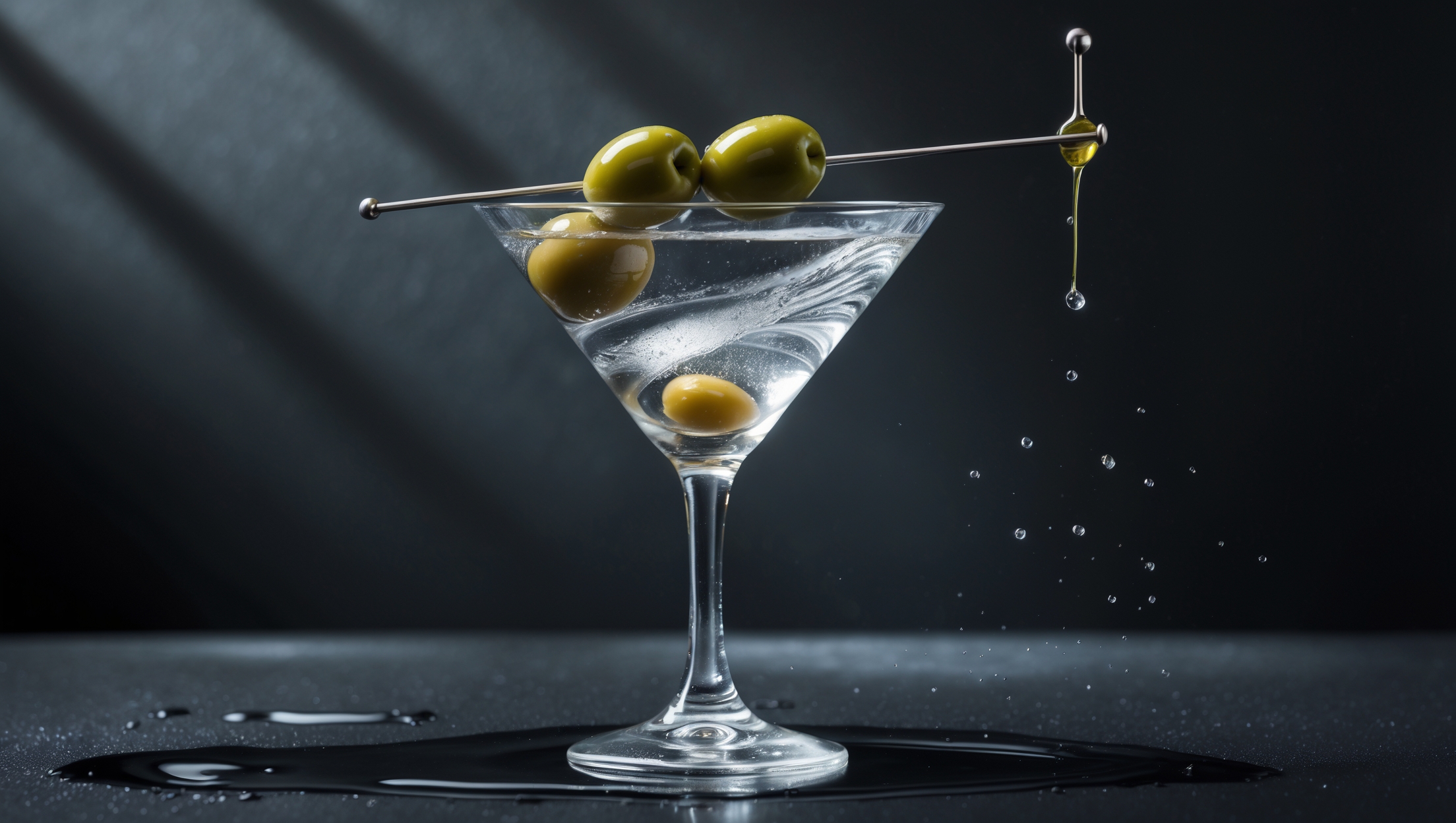 A crystal martini glass stands against a deep charcoal backdrop, filled with a slightly cloudy, silvery liquid that catches dramatic side-lighting. Olive brine creates subtle swirls in the otherwise clear spirit, while three plump green olives threaded on a sleek metal pick rest against the rim. Droplets of condensation cling to the exterior of the glass, emphasizing the cocktail's perfect chill. A splash of olive brine being added creates delicate ripples across the surface, highlighting the drink's signature "dirty" character.
