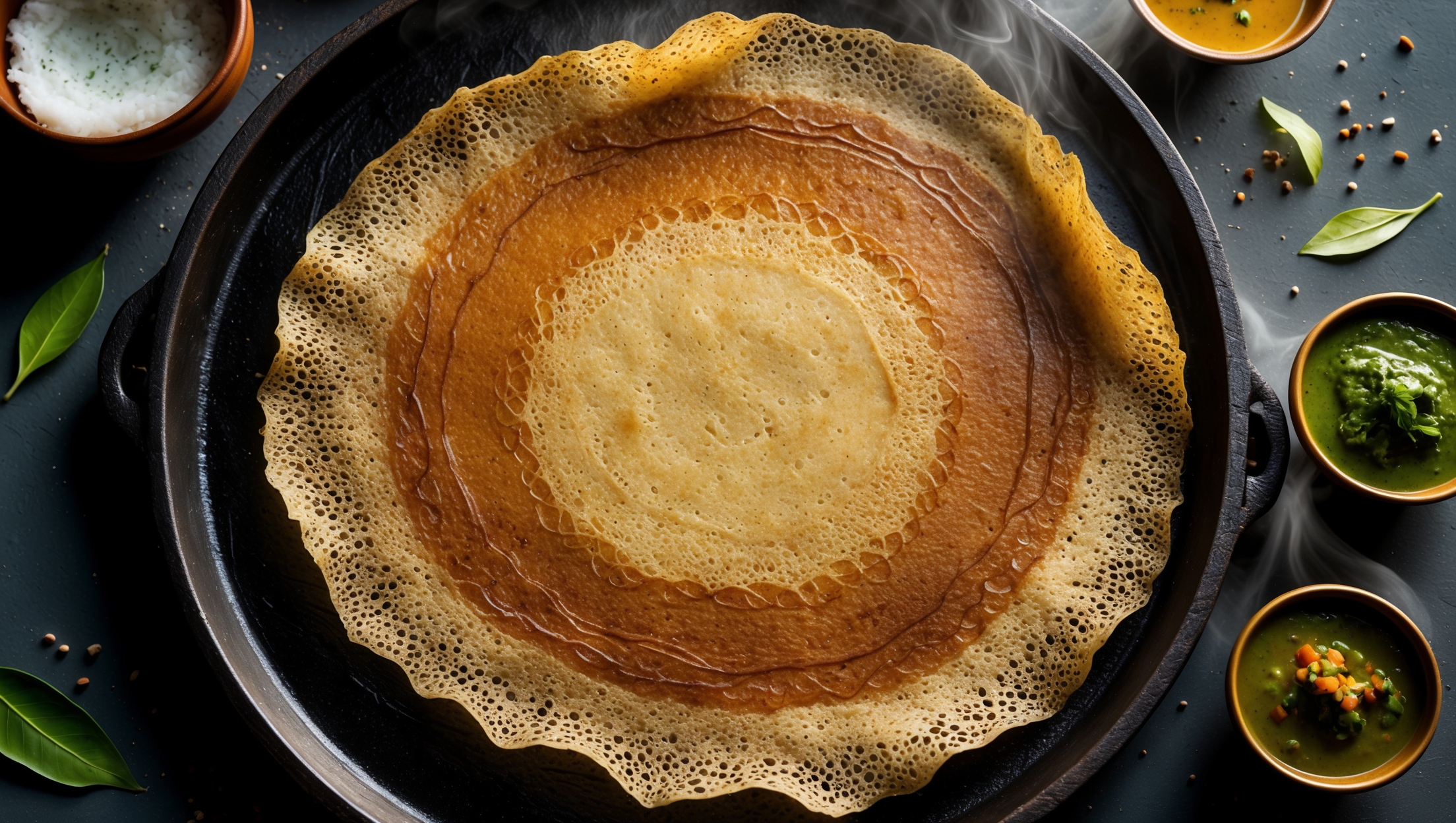 Overhead shot of a perfectly golden-brown dosa spread thinly across a rustic cast-iron griddle, its lacy edges creating beautiful crispy patterns against the dark surface. A cross-section view reveals its characteristic dual texture - crisp exterior giving way to a soft, slightly spongy interior. Soft natural light streams across the scene, highlighting the subtle fermentation bubbles on the surface. Alongside, vibrant accents of red coconut chutney and green cilantro chutney in small clay pots contrast against the warm tones of the dosa. Scattered curry leaves and mustard seeds add authenticity, while wisps of steam indicate it's freshly made, ready to be served with a side of sambar in a traditional brass bowl.