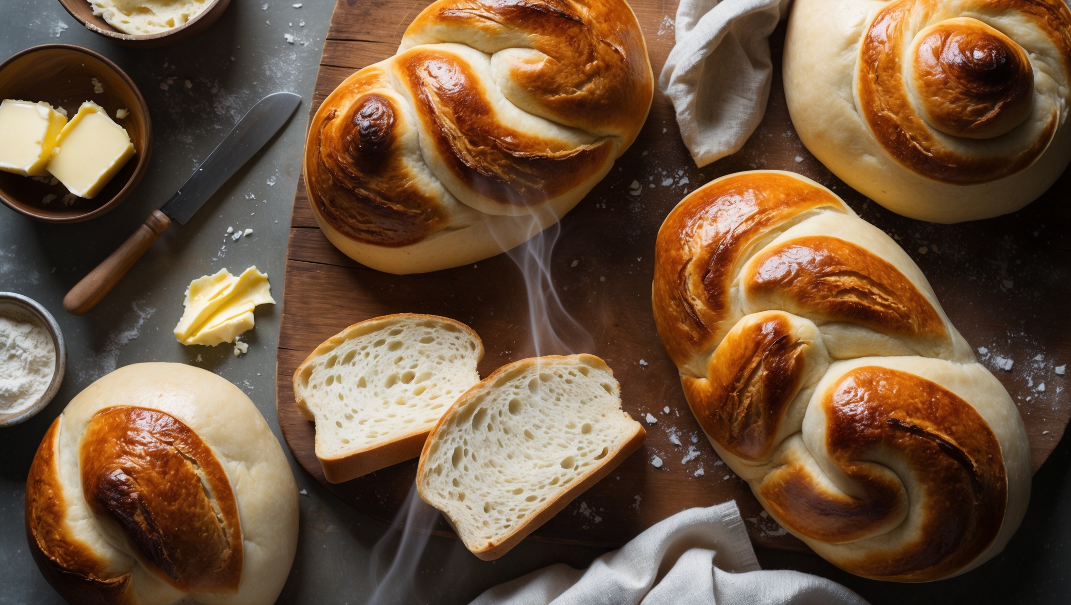 An overhead shot of freshly baked Double Roti loaves arranged on a rustic wooden board, their golden-brown tops gleaming in soft natural light. A cross-section reveals the bread's impressively fluffy, white interior with a fine, even crumb structure. Nearby, a small bowl of butter with a wooden knife, scattered flour, and a vintage linen cloth add context to the scene. Steam rises gently from a freshly sliced piece, highlighting the bread's warm, inviting nature, while the deeply caramelized crust provides beautiful color contrast against the pillowy soft interior.