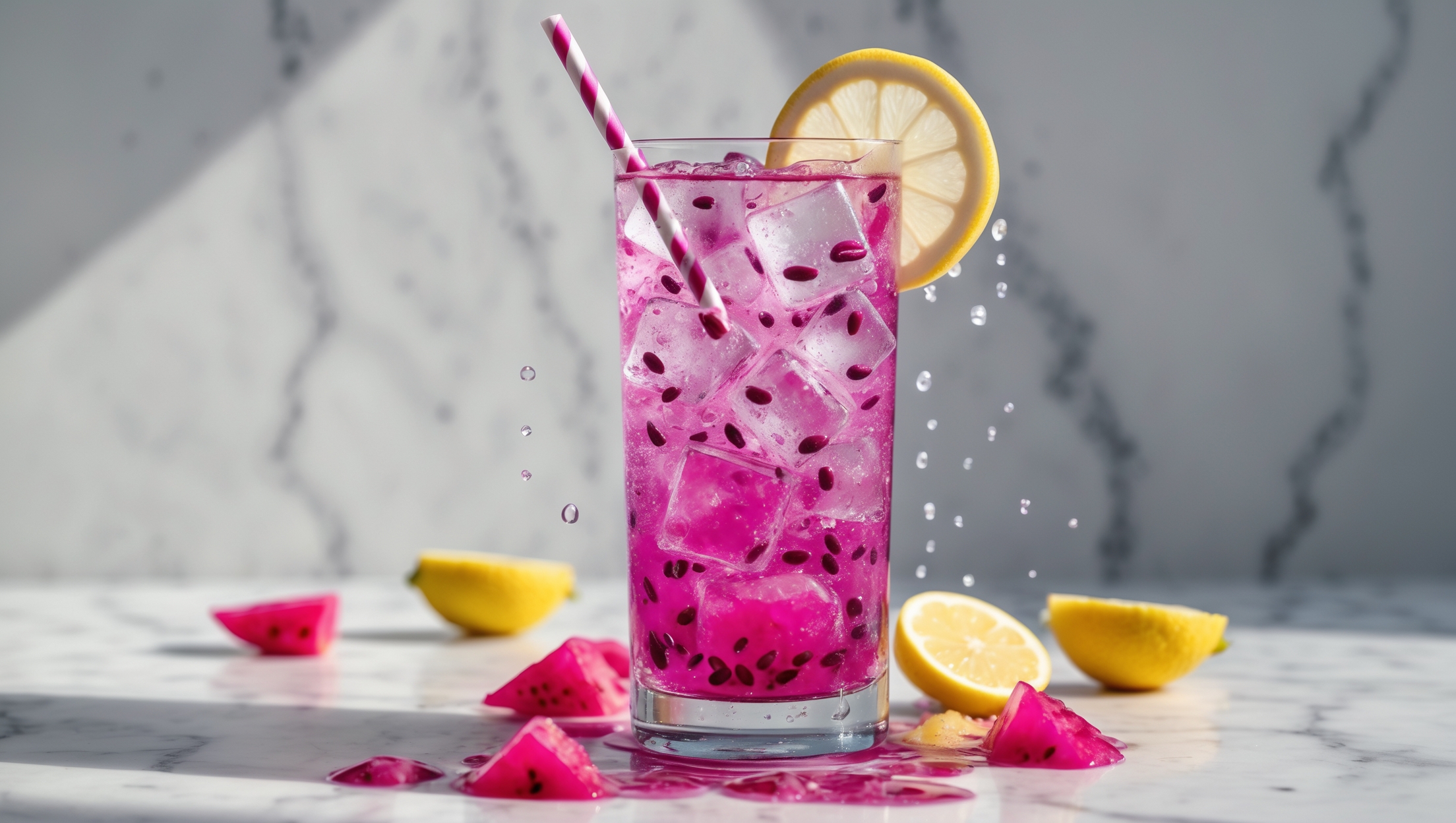 A tall, crystal-clear highball glass filled with vivid magenta dragonfruit lemonade, captured in bright natural daylight against a light marble countertop. Ice cubes glisten as they float among tiny dragonfruit seed specks throughout the drink. A thin lemon wheel rests on the rim, while a small dragonfruit wedge balances delicately on top. Condensation beads on the glass surface catch the light, emphasizing the drink's refreshing nature. A striped paper straw stands at attention, surrounded by scattered fresh dragonfruit pieces and lemon slices artfully arranged around the base of the glass.