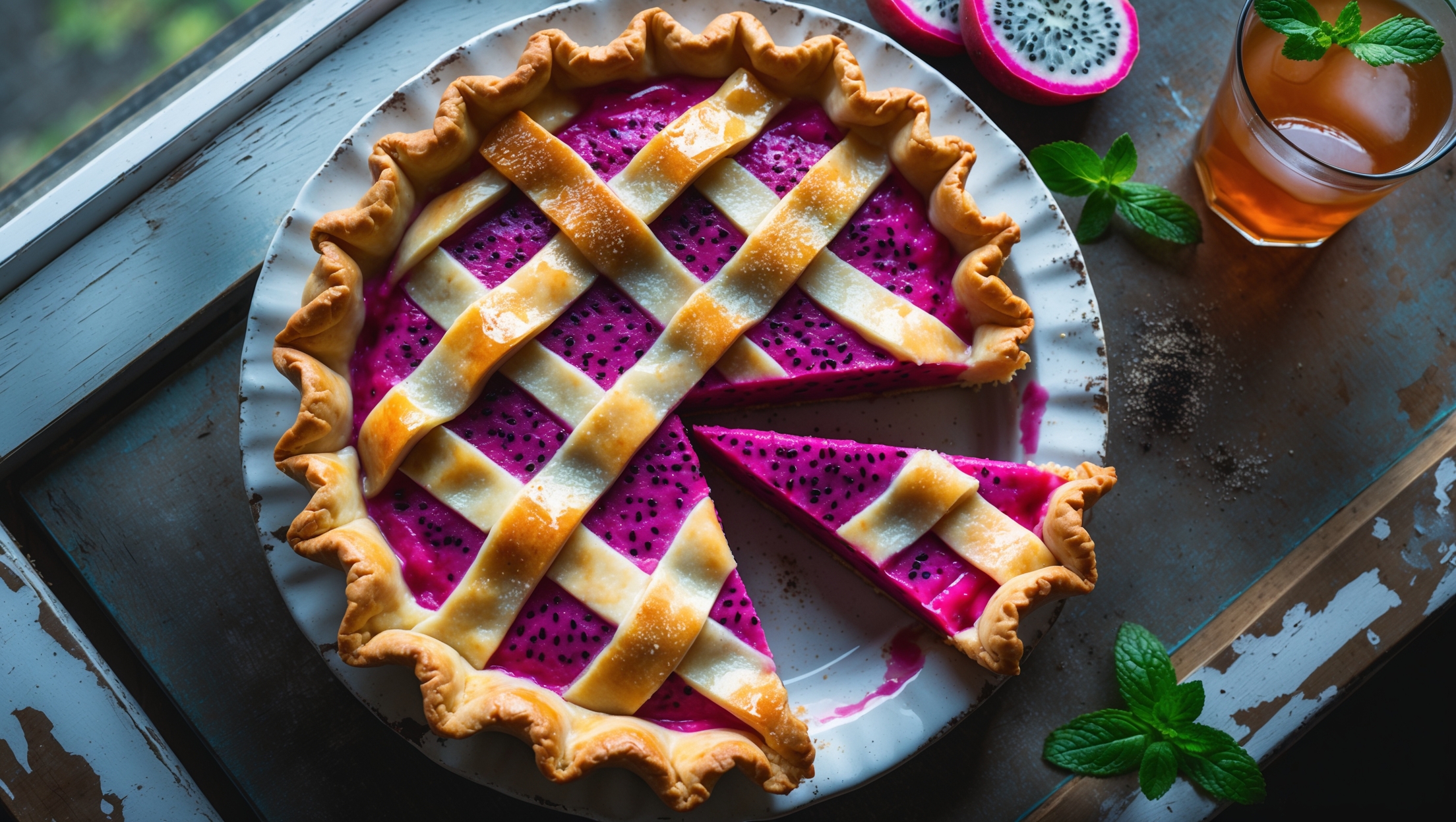 An overhead shot captures a perfectly baked dragon fruit pie with a distinctive lattice top crust, golden brown and dusted with a light sprinkling of sugar. A slice has been removed, revealing the striking magenta filling dotted with tiny black seeds. The pie rests on a rustic white ceramic plate positioned on a weathered wooden table, with a few fresh dragon fruit slices and mint leaves artfully arranged alongside. Soft natural light streams in from a nearby window, highlighting the contrast between the vibrant pink filling and the flaky, golden pastry. Condensation on a glass of iced tea nearby suggests the pie is still warm, inviting the viewer to imagine its tropical aroma.