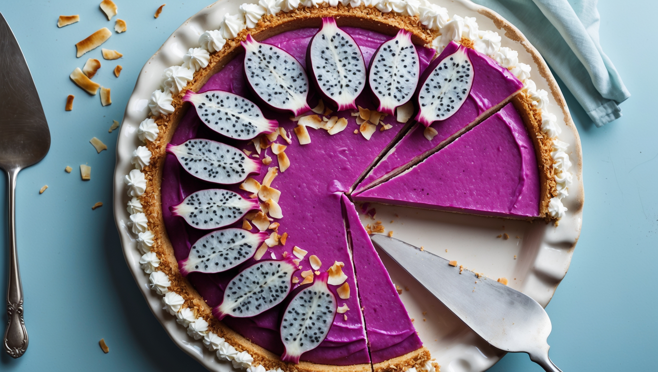 An overhead shot of a perfectly sliced dragon fruit cream pie displayed on a white ceramic cake stand against a light blue backdrop. Soft natural light accentuates the pie's vivid magenta filling, contrasting beautifully with the golden graham cracker crust and crown of fluffy white whipped cream. Dragon fruit slices arranged in a decorative pattern showcase their striking black and white speckled interior, while a scattering of toasted coconut flakes adds texture. A vintage silver cake server rests beside the pie, with a single slice separated to reveal the smooth, vibrant layers and clean-cut edges of the custard filling.