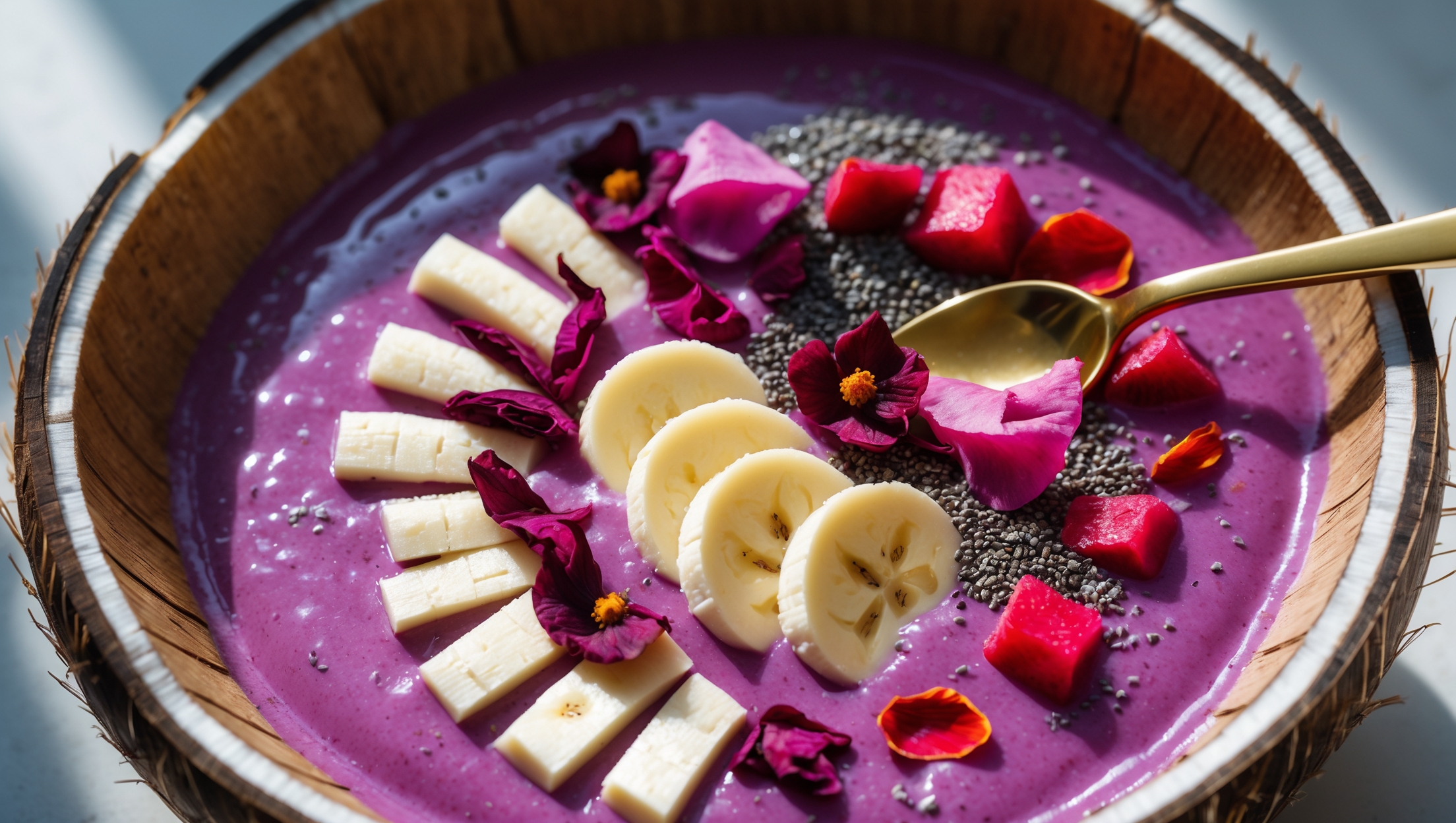 An overhead shot of a stunning magenta smoothie bowl served in a coconut shell bowl, its vibrant pink-purple base creating a striking canvas for artfully arranged toppings. Natural morning light illuminates the scene, highlighting the contrasting white coconut flakes, sliced banana half-moons, and diced dragon fruit cubes arranged in a crescent pattern. Dried hibiscus flowers and edible rose petals add delicate touches of deep red, while a sprinkle of chia seeds provides texture. The smoothie's thick, ice cream-like consistency creates soft peaks where a gold-plated spoon rests, with condensation forming on the outside of the coconut bowl suggesting refreshing coolness.