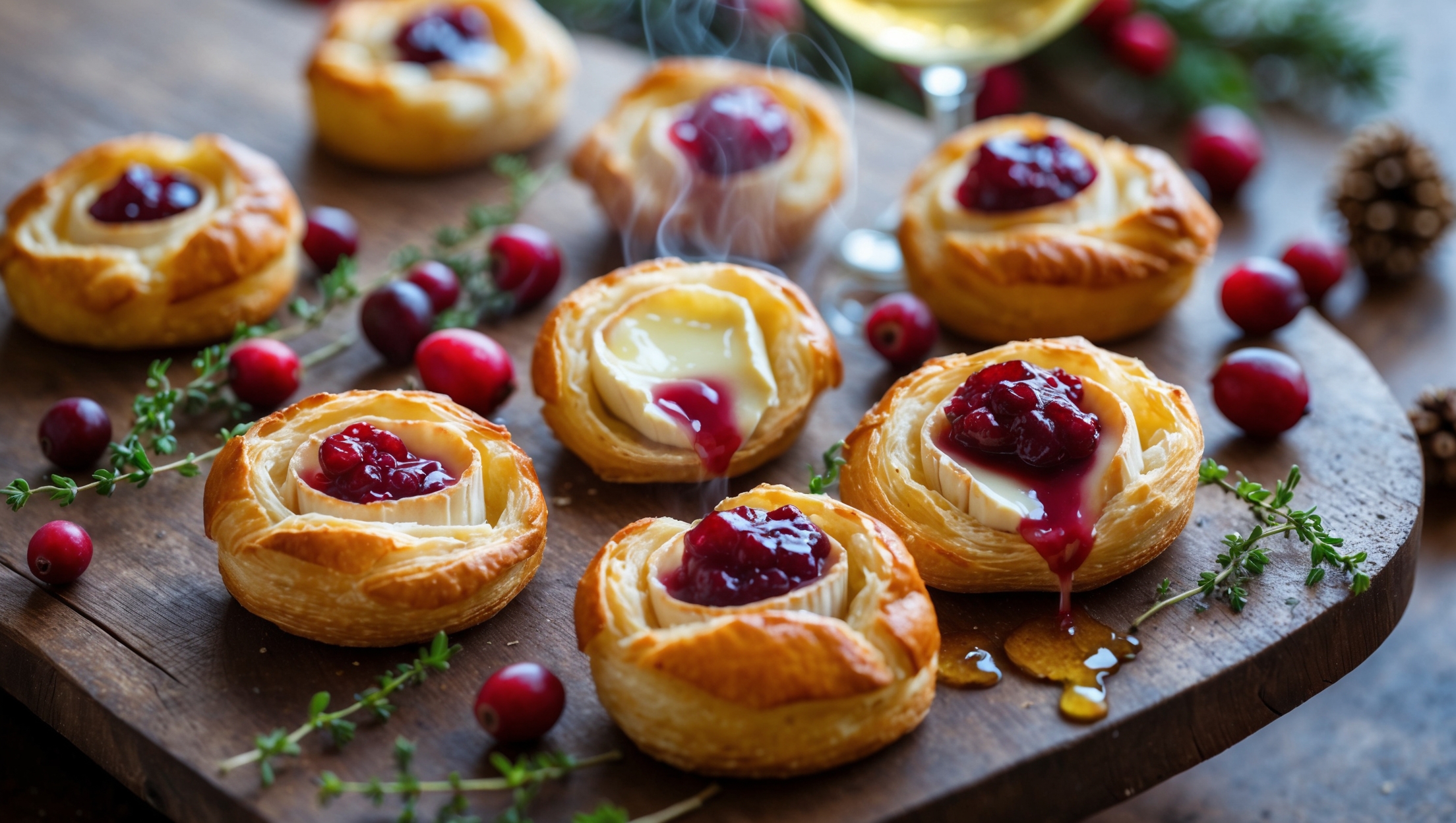An overhead shot of golden-brown puff pastry bites arranged on a rustic wooden serving board, their tops slightly open to reveal the molten brie cheese and ruby-red cranberry sauce inside. Soft natural light catches the flaky, buttery layers of the pastry, highlighting their delicate structure. A few fresh cranberries and small sprigs of thyme are scattered artfully around the board, while a drizzle of honey glistens across a few bites. In the background, a glass of white wine and holiday decorations suggest a festive gathering, with steam still visibly rising from these warm-from-the-oven treats.