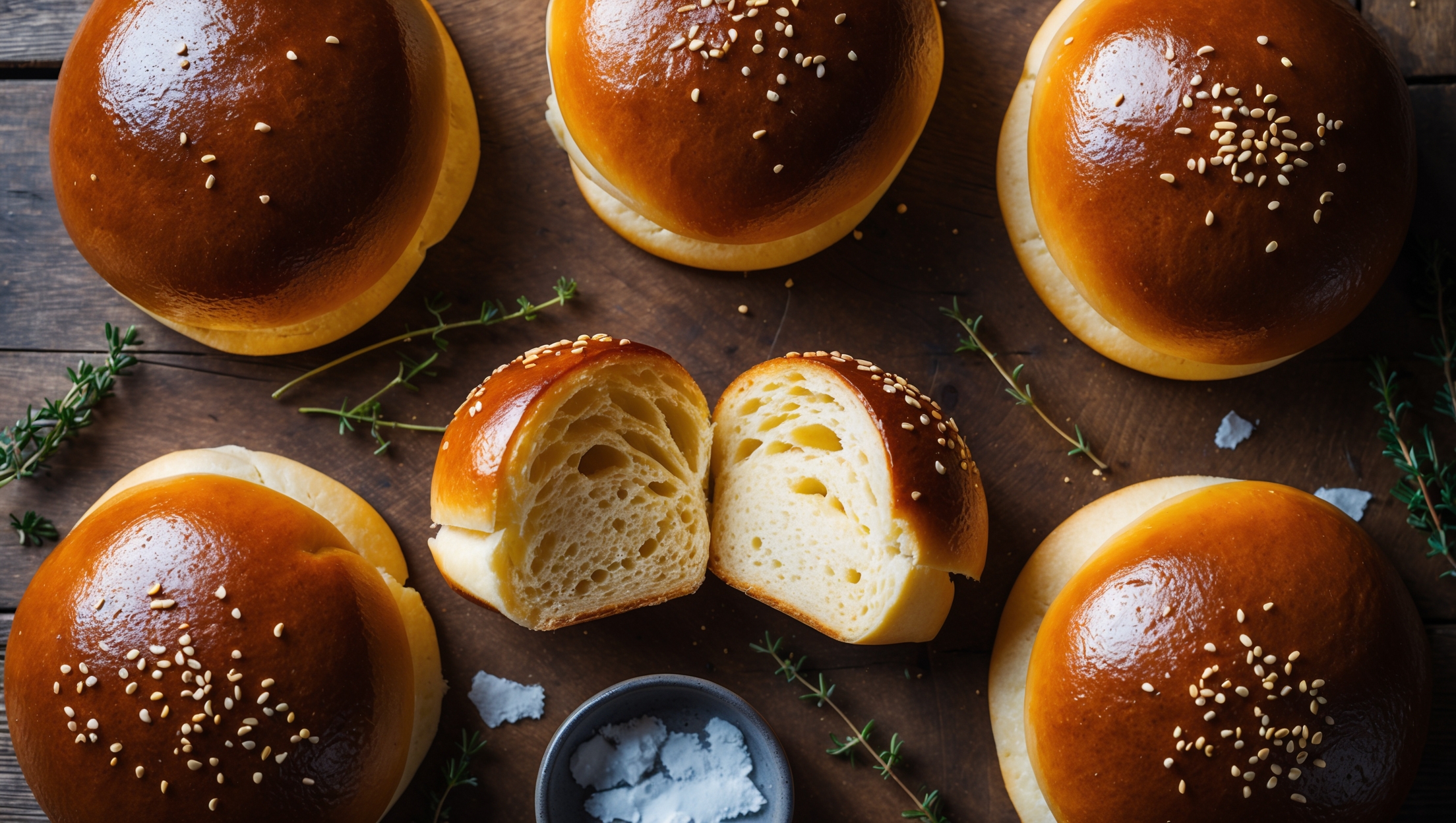Overhead shot of six perfectly rounded brioche buns arranged on a rustic wooden board, their deep golden-brown tops glistening under soft natural light. A cross-section view reveals the signature honeycomb structure inside, showcasing the bread's tender, yellow-tinged crumb. Scattered across the board are a few sprigs of fresh thyme and a small dish of flaky sea salt, emphasizing the buns' artisanal quality. One bun is torn open, displaying the rich, buttery texture while wisps of steam suggest they're freshly baked. The distinctive egg wash glaze creates a beautiful contrast against the matte wooden surface, highlighting the buns' smooth, domed tops and delicate sesame seed garnish.