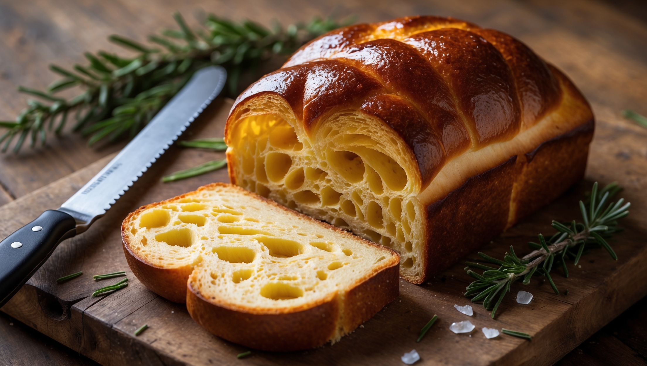 A freshly baked brioche sandwich loaf captured in warm, diffused natural light on a rustic wooden board. The cross-section reveals a honeycomb-like structure with a buttery yellow interior and deep amber crust. The loaf's top is perfectly domed with a glossy egg-wash finish that catches the light. Scattered around the base are a few sprigs of rosemary and sea salt flakes, suggesting serving possibilities. A serrated knife rests nearby, having just sliced through the bread, revealing its exceptionally soft, pull-apart texture and consistent, even crumb that's both airy and substantial—the hallmark of a perfect brioche.