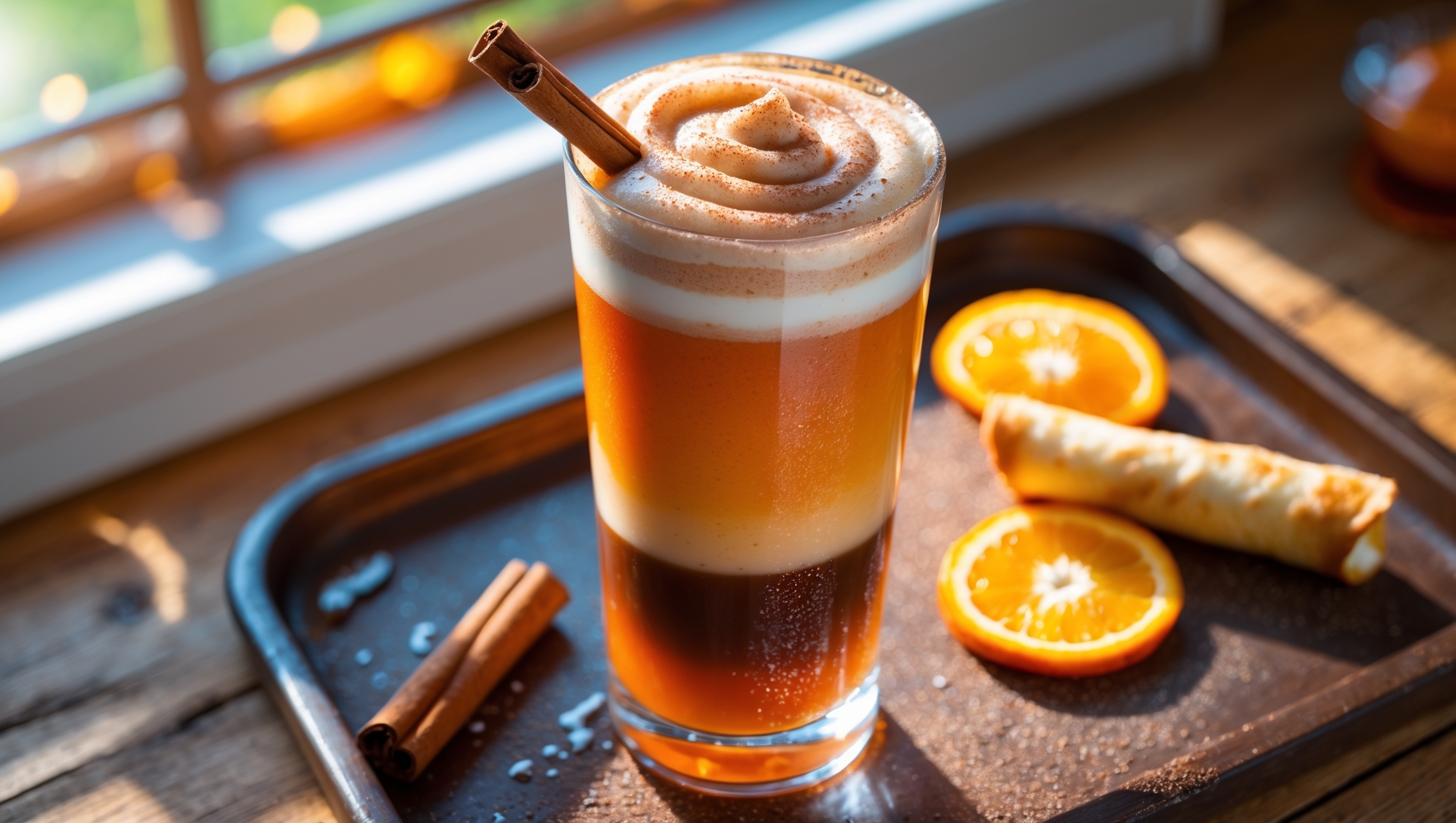 An overhead shot of a tall, layered amber-brown mocktail in a clear highball glass, backlit by bright morning sunlight streaming through kitchen windows. The bottom layer shows a rich coffee-colored base transitioning into a bright orange middle, topped with a frothy cinnamon-dusted cream. The glass sits on a rustic wooden breakfast tray alongside actual breakfast taquitos and fresh orange slices. Condensation beads on the glass surface, and a cinnamon stick garnish leans against the rim alongside an orange twist. A light dusting of cinnamon powder creates a delicate pattern across the top foam layer.