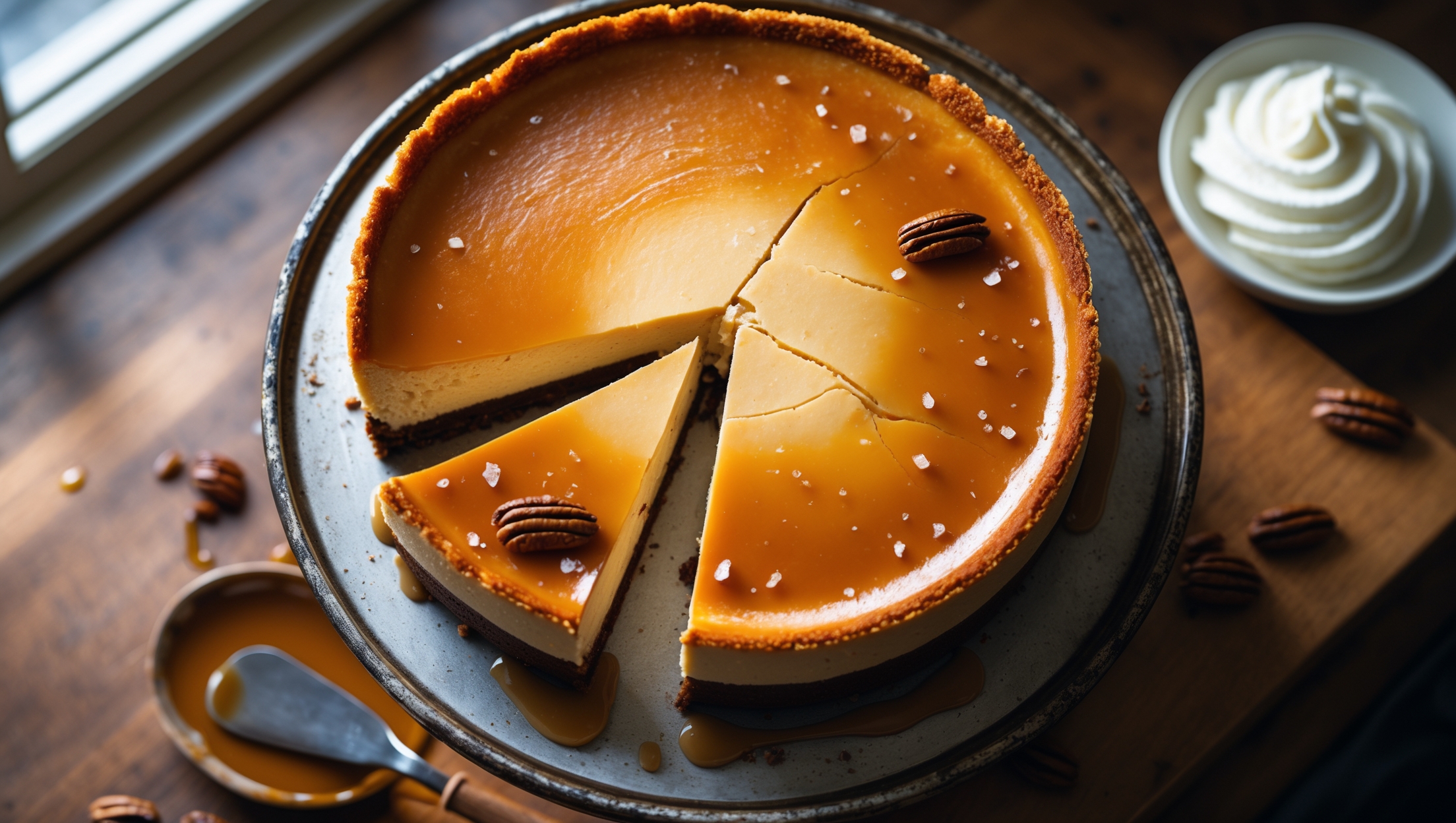 An overhead shot of a perfectly baked Brown Butter Cheesecake with a slightly cracked top creating an artful rustic appearance. The cheesecake sits on a vintage cake stand, its golden-amber surface catching the soft natural light streaming through a kitchen window. A cross-section slice reveals the velvety, dense interior transitioning to a buttery graham cracker crust. Small drizzles of caramel sauce cascade down the sides, while scattered toasted pecans and a light dusting of sea salt add texture and visual interest. The warm tones of brown butter are evident throughout, with a small dish of whipped cream positioned to the side offering a creamy contrast against the wooden serving board.