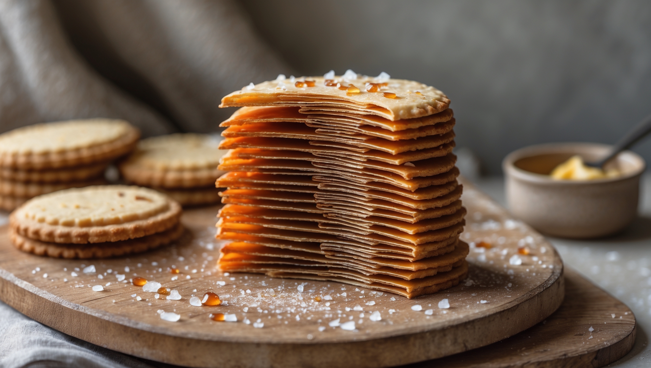 A dramatic cross-section of a cookie sits center frame against a muted linen backdrop, capturing morning light that illuminates 36 distinct caramelized layers - some paper-thin, others slightly thicker - creating a mesmerizing pattern reminiscent of fine pastry. The cookie's golden-amber edges contrast with light golden centers, while scattered flakes of Maldon salt catch the light atop the crisp surface. In soft focus behind, several whole cookies rest on a rustic wooden board, showcasing their delicate crispness and irregular handmade shapes. A small pot of brown butter and a dusting of cookie crumbs complete the artisanal scene, emphasizing the recipe's foundation in French patisserie technique.