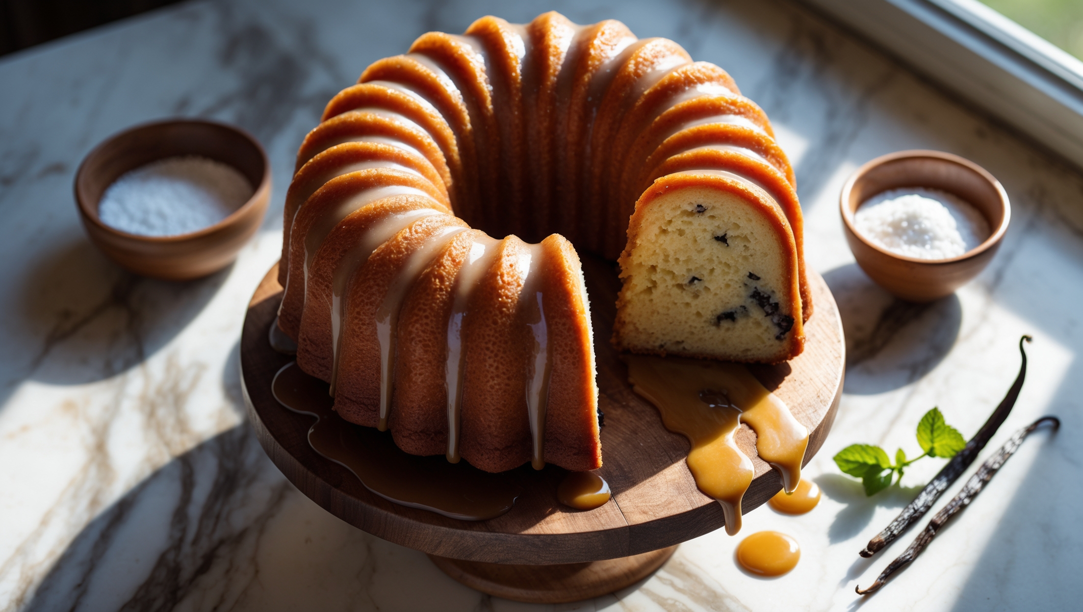 An overhead shot of the Brown Butter Vanilla Bean Bundt cake resting on a rustic wooden cake stand, the elegant ribbed design showcasing its perfect golden-brown exterior. Natural light streams from a nearby window, highlighting the glistening vanilla bean glaze that cascades down the cake's ridges and pools delicately on the stand. A cross-section slice reveals the cake's incredibly moist, tender crumb speckled with tiny black vanilla bean flecks. In the background, slightly blurred, sits a small bowl of powdered sugar, a used vanilla bean pod, and a sprig of fresh mint for color contrast, all arranged on a marble countertop that complements the cake's warm golden tones.