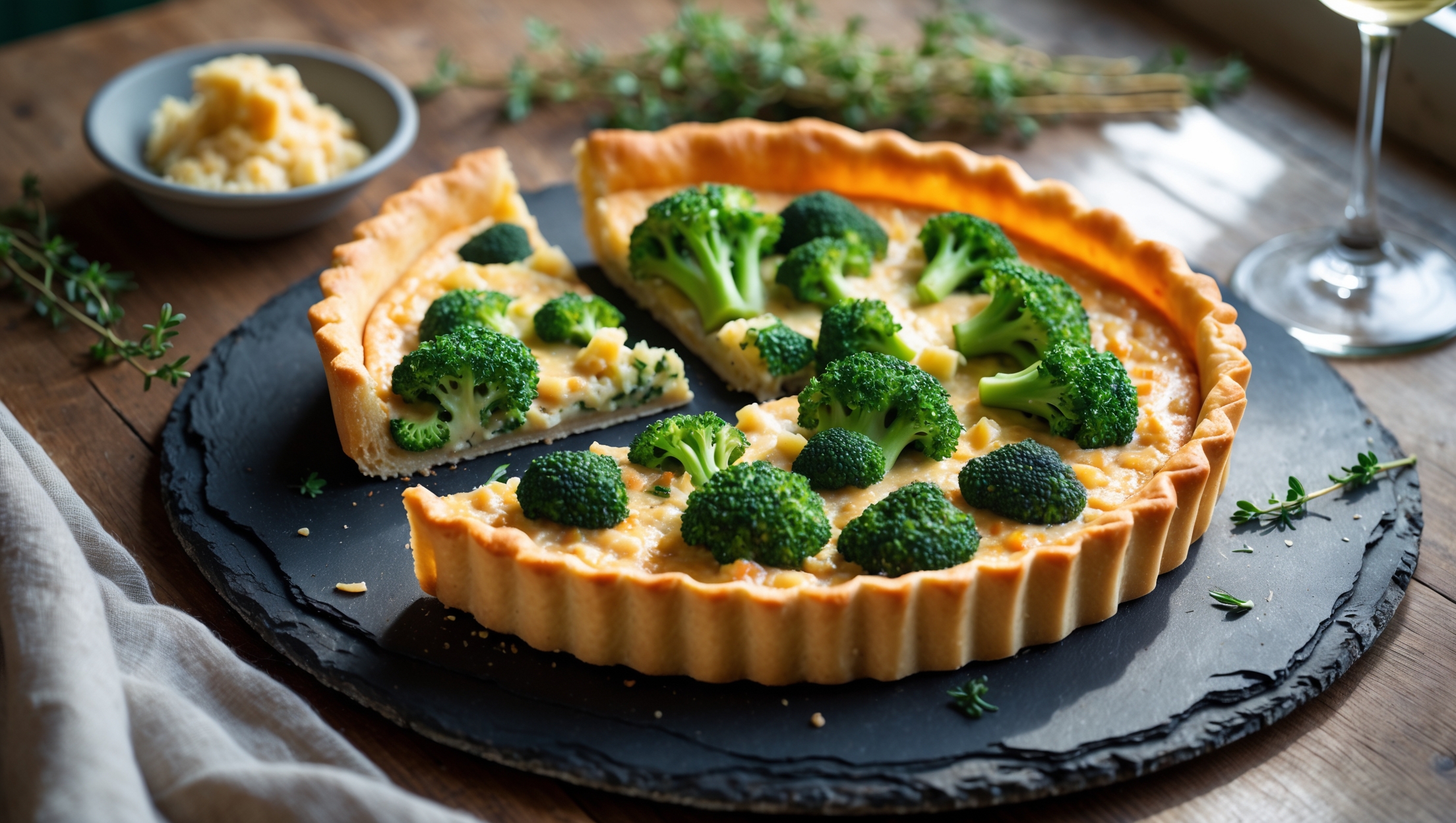 An overhead shot of a golden-brown Broccoli and Stilton Tart displayed on a rustic slate serving board. The tart is cut to reveal its creamy filling studded with vibrant green broccoli florets and pockets of melted Stilton. Soft natural light streams from a nearby window, highlighting the flaky, buttery pastry edge that's perfectly crimped. In the background, a small bowl of additional crumbled Stilton, some fresh thyme sprigs, and a glass of white wine create an inviting rustic table setting that emphasizes the tart's sophisticated yet homey appeal.