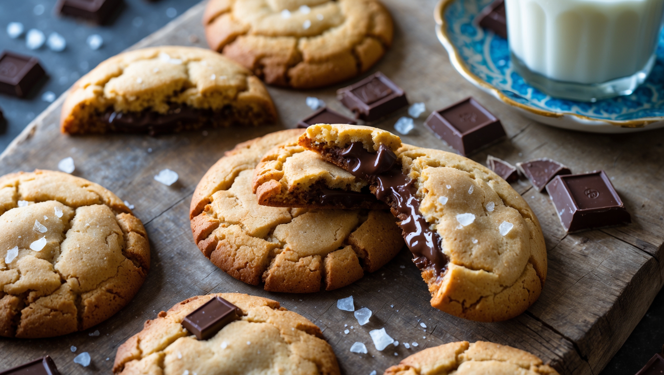 Overhead shot of perfectly golden-brown cookies arranged haphazardly on a rustic wooden board, with a few broken in half to reveal gooey chocolate chunks and chewy centers. Soft natural light highlights the cookies' craggy tops and crisp edges, while scattered sea salt crystals glisten against melted chocolate. In the background, a vintage blue ceramic plate holds more cookies alongside a glass of milk and scattered chocolate chunks. The warm amber tones of the browned butter cookies contrast beautifully with the dark chocolate pieces, capturing the homemade quality and indulgent nature of these elevated classic treats.