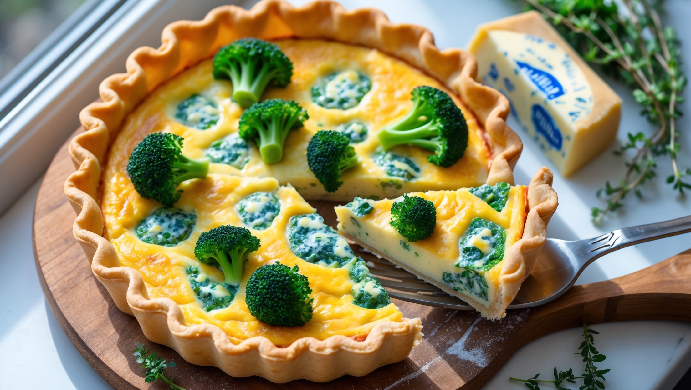 Overhead shot of a golden-brown quiche with a perfectly crimped edge, sliced to reveal the creamy filling studded with vibrant green broccoli florets and marbled with melting pockets of blue Stilton. The flaky pastry crust shows distinct layers under soft natural light streaming through a kitchen window. A wooden serving board holds the quiche alongside a small bunch of fresh thyme, a wedge of Stilton, and a scattering of broccoli florets, enhancing the rustic, homemade appeal while a fork lifts a slice to showcase the perfectly set custard texture.
