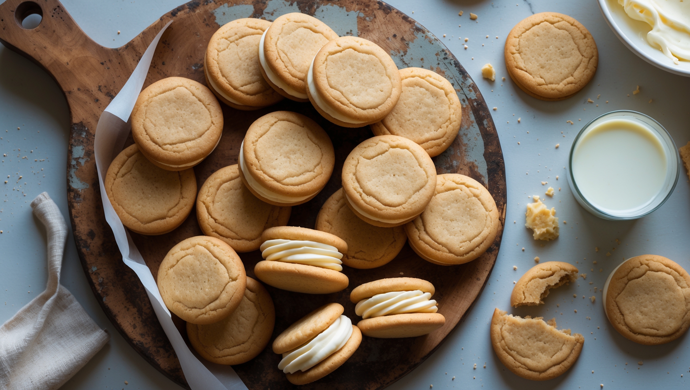An overhead shot of perfectly round brown butter sandwich cookies arranged in a spiral pattern on a weathered wooden serving board, with a few cookies stacked to showcase the creamy filling. Soft natural light streams in from a side window, highlighting the cookies' golden-brown edges and sandy texture. A close-up reveals the speckled appearance from brown butter solids, while a broken cookie displays the contrast between the caramelized cookie exterior and the smooth, vanilla-flecked buttercream filling. A glass of milk sits alongside, with scattered cookie crumbs and a small bowl of raw brown butter adding context to the baking process.