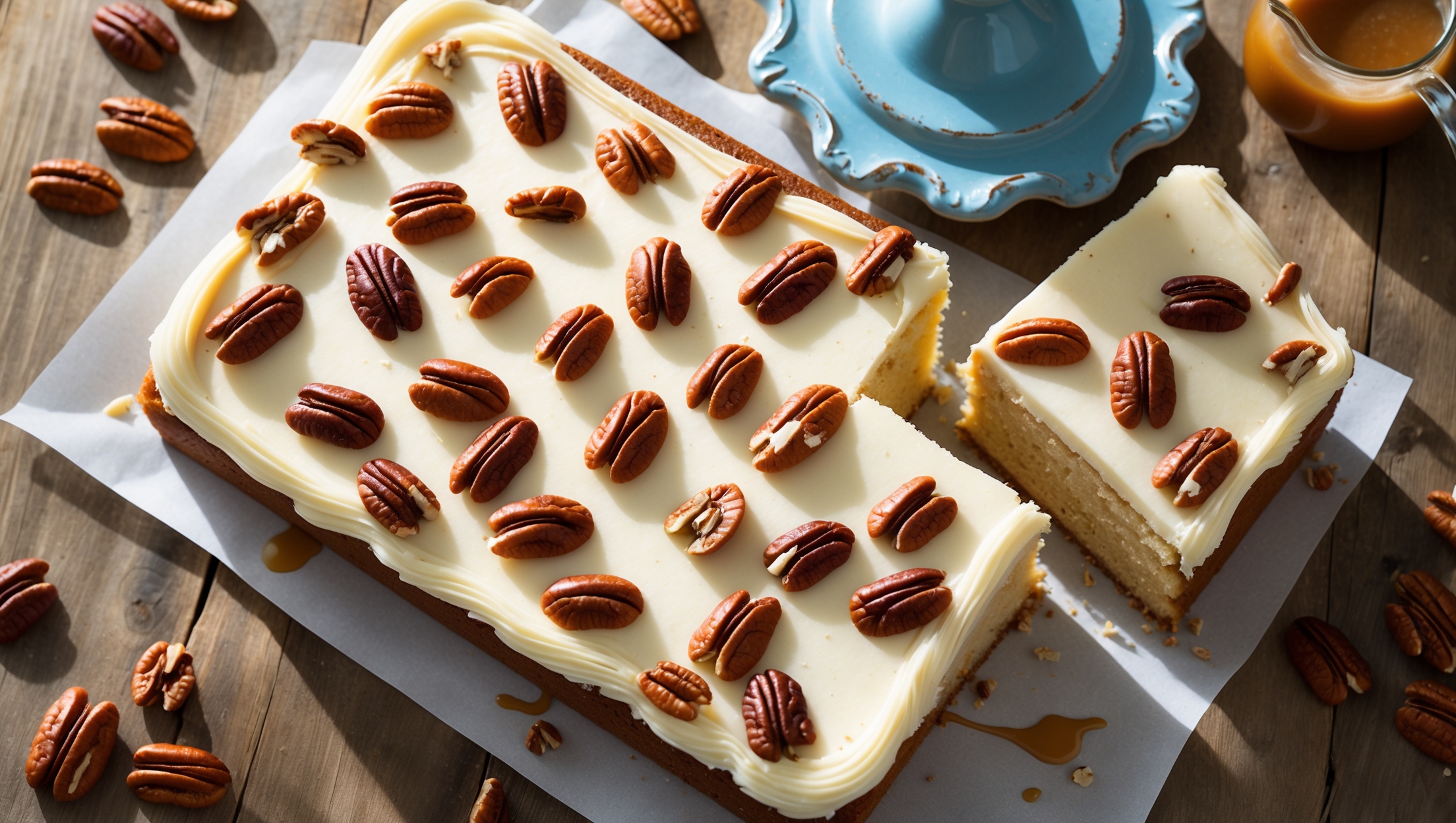 Overhead shot of a golden-brown sheet cake with a velvety cream cheese frosting swirled on top, scattered with toasted pecan halves creating beautiful texture contrast. A perfect square slice lifted to reveal the cake's moist, tender crumb with visible flecks of brown butter and chopped pecans throughout. Soft natural light streams across the scene, highlighting the glossy frosting and casting gentle shadows on a vintage blue cake stand. The cake sits on a rustic wooden table alongside scattered pecan halves and a small pitcher of warm caramel sauce, invoking a cozy, homemade feeling that matches the cake's comforting flavor profile.