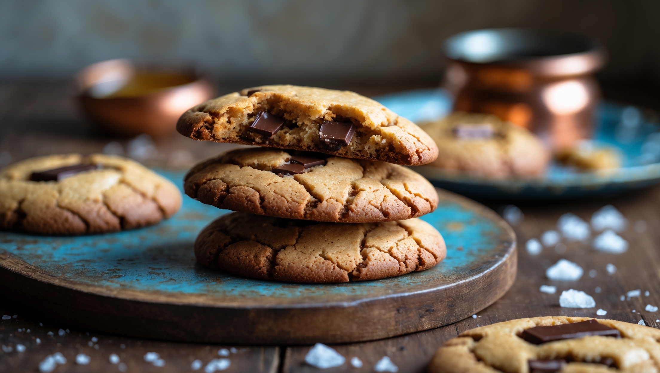 A stack of three perfectly imperfect cookies tilts slightly on a rustic wooden board, revealing their varied textures - crisp golden-brown edges with crackly tops giving way to visibly soft, chewy centers. Shot in warm natural light that accentuates the amber hues from the browned butter and smoked sugar. Deep pockets of melted chocolate chunks glisten invitingly against the caramel-toned cookie dough. In the background, a vintage blue ceramic plate holds more cookies while scattered sea salt flakes catch the light. A small copper pot with remnants of browned butter and a jar of smoked sugar sit artfully blurred in the corner, hinting at the recipe's special ingredients.