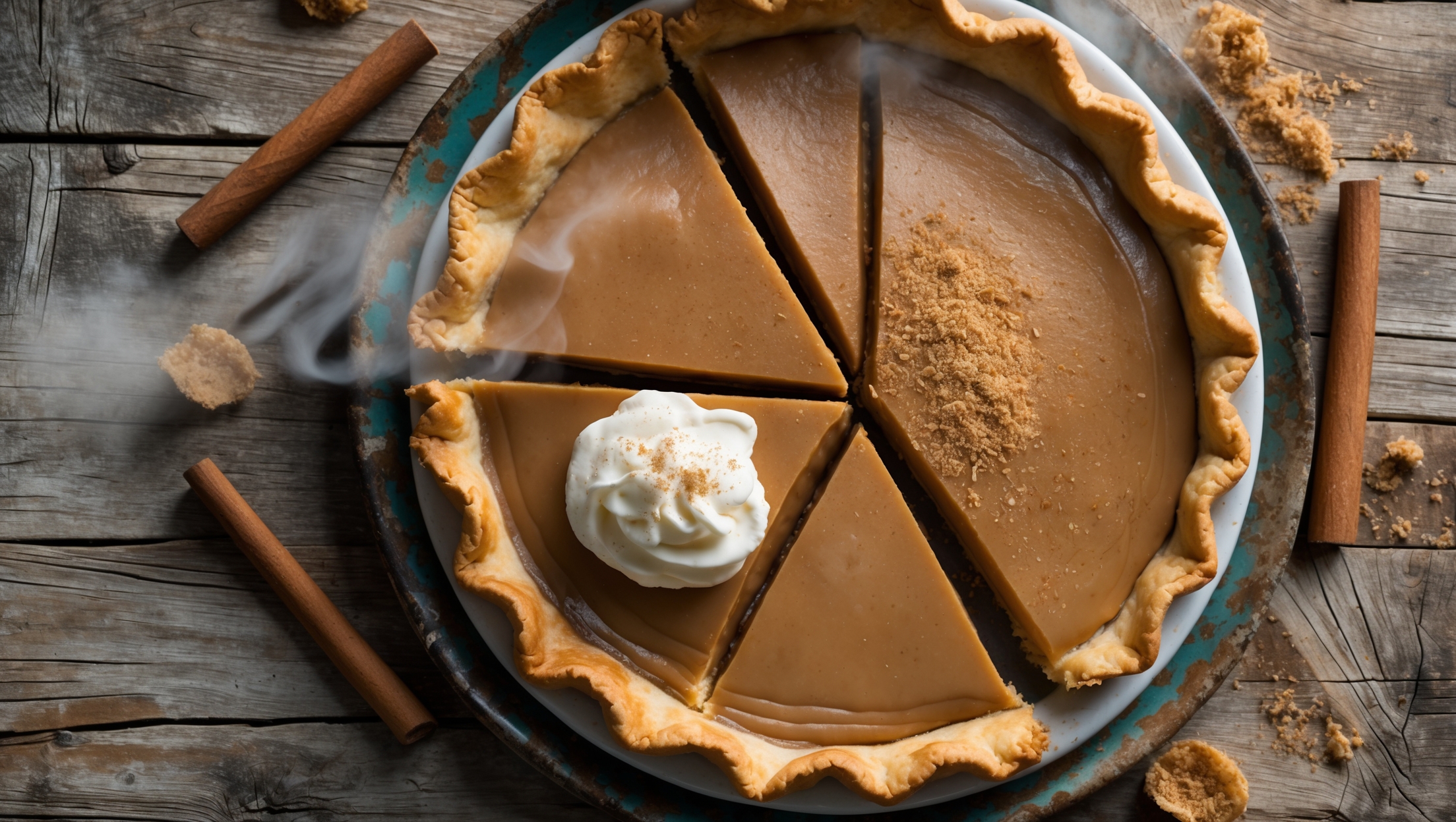 An overhead shot of a perfectly sliced Brown Sugar Cream Pie revealing its smooth, caramel-colored filling against a golden, flaky crust. Soft natural light highlights the glossy surface adorned with a delicate dusting of freshly grated nutmeg. The pie rests on a vintage ceramic plate atop a weathered wooden table, with a dollop of lightly whipped cream melting slightly on one slice. Several cinnamon sticks and scattered brown sugar crystals frame the composition, while steam wisps subtly rise from the freshly cut piece, suggesting warmth and inviting comfort.