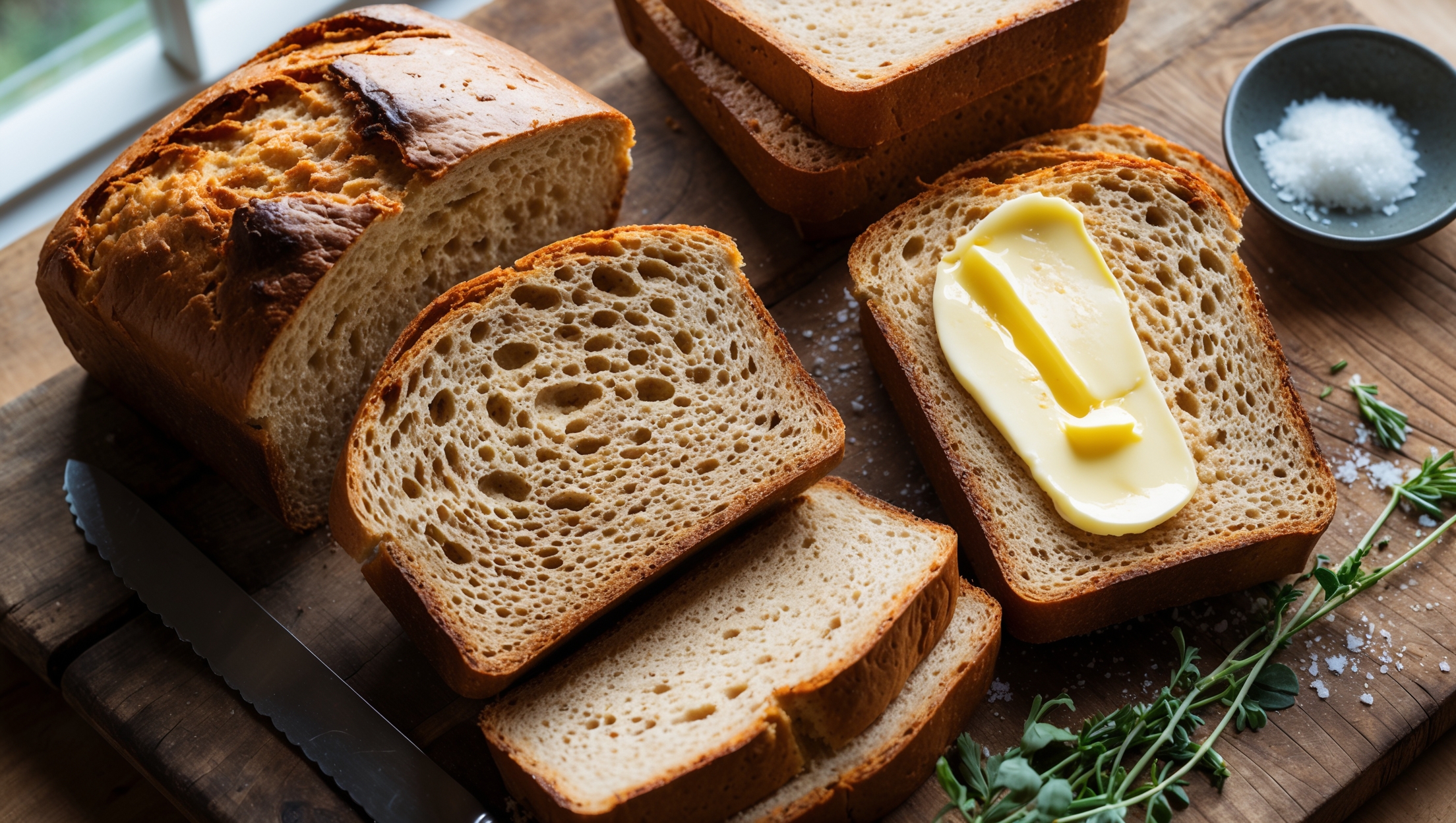 An overhead shot of a freshly sliced loaf of Brown Rice Flour Bread on a rustic wooden cutting board, displaying its perfectly browned crust and tender interior crumb structure. A cross-section view reveals the bread's even texture with small air pockets throughout. Soft natural light streams in from a nearby window, highlighting the bread's golden-brown exterior against the warm wood tones. Several slices are arranged alongside the loaf, one topped with a glistening spread of butter slowly melting into the warm bread. Fresh herbs and a small bowl of sea salt sit nearby, suggesting serving possibilities for this homemade gluten-free creation.