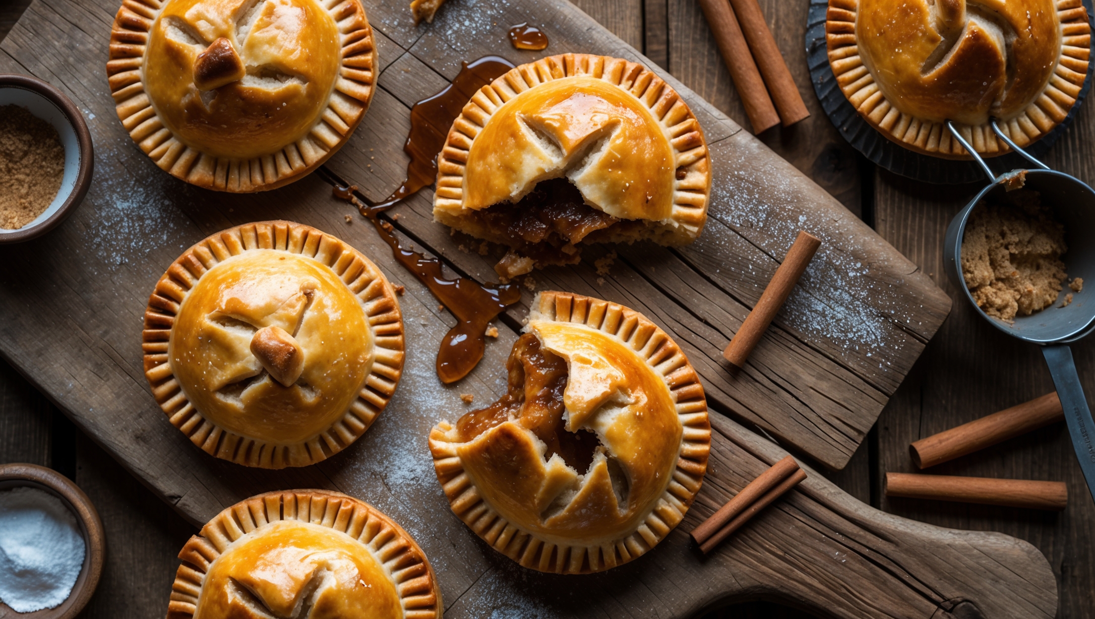 An overhead shot captures a rustic wooden board adorned with several golden-brown hand pies, their crimped edges glistening with a light sugar glaze. A cross-section view reveals the molten brown sugar-cinnamon filling, rich and amber-colored, seeping slightly from one broken pie. Natural window light highlights the flaky pastry layers and crystallized sugar sprinkled on top. Scattered cinnamon sticks, a small bowl of brown sugar, and a vintage sifter with powdered sugar create context around the arrangement. Steam visibly rises from a freshly-cut pie, emphasizing their warm, just-baked appeal against the weathered wood backdrop.