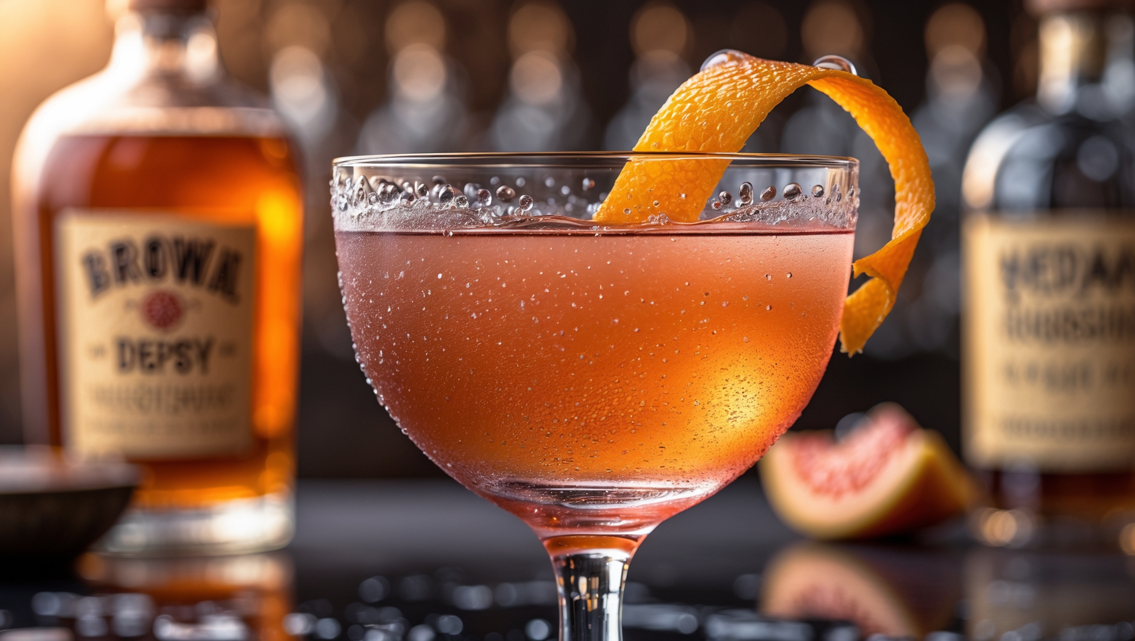 An elegant coupe glass captures the Brown Derby in golden-hour lighting, showcasing its amber-honey color with subtle pink undertones. Condensation beads on the exterior of the chilled crystal glass, while a twist of grapefruit peel curls artfully over the rim, releasing essential oils that catch the light. The background features blurred bourbon bottles and vintage bar elements, creating a warm, sophisticated atmosphere that highlights the cocktail's classic heritage and appealing color contrast between the rich amber liquid and the vibrant citrus garnish.