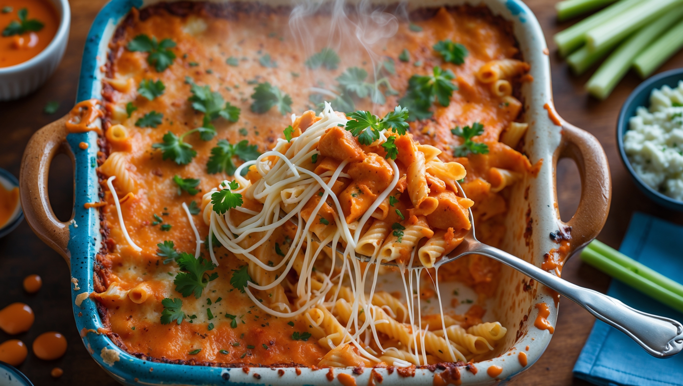 An overhead shot of a rustic ceramic baking dish filled with the golden-topped Buffalo Chicken Pasta Bake, steam rising gently from a freshly scooped portion revealing stringy mozzarella stretching between the serving and dish. The pasta is visible beneath a crispy, slightly browned cheese crust, with vibrant specks of green herbs and red buffalo sauce swirled throughout. Photographed in warm, natural light on a wooden table with scattered blue napkins, celery sticks, and a small bowl of blue cheese dressing as accompaniments. Droplets of buffalo sauce create artistic splashes around the edge of the dish, emphasizing the recipe's signature spicy element.