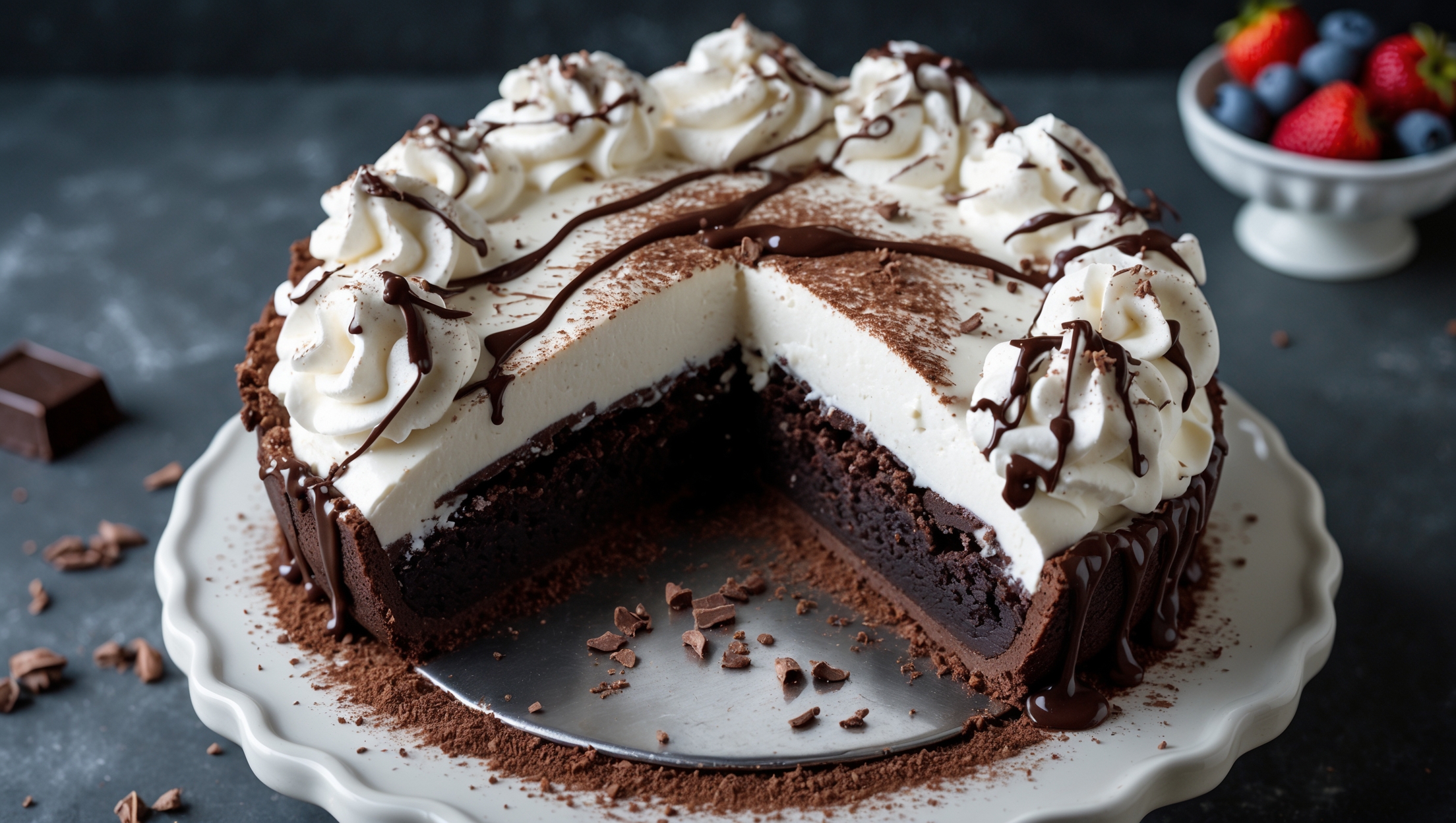 An overhead shot of a perfectly sliced Brownie Cream Pie reveals the dramatic contrast between the dense, fudgy chocolate brownie base and the cloud-like whipped cream topping. Soft natural light highlights the glossy chocolate drizzle cascading down the sides, while delicate chocolate shavings and cocoa powder dust the pristine white cream surface. The pie sits on a vintage white ceramic cake stand against a dark slate background, with a few scattered cacao nibs and a small bowl of fresh berries positioned artfully nearby. The cross-section view exposes the brownie's moist, slightly chewy texture, creating an enticing visual that showcases the pie's dual-textured appeal.