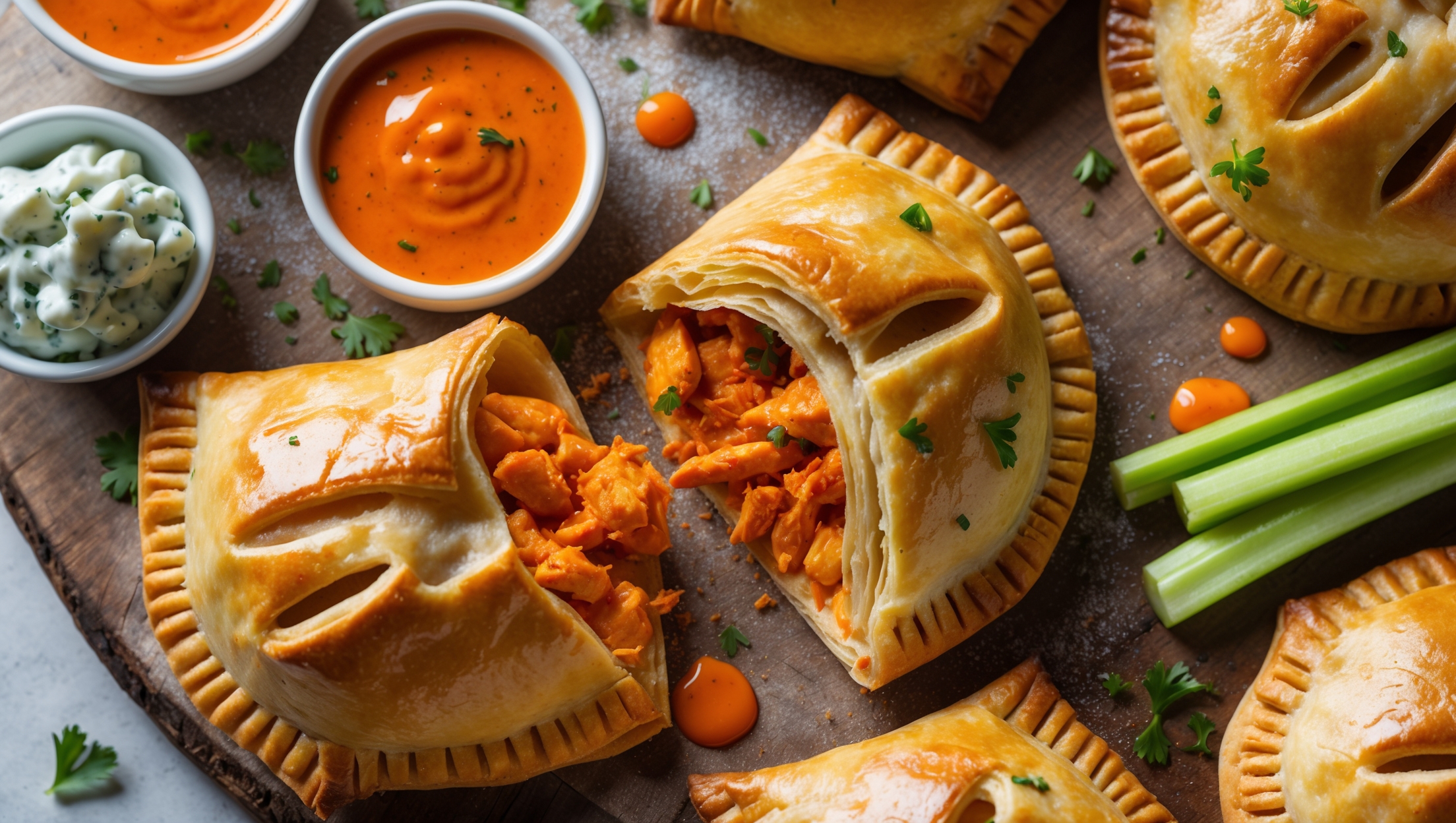 An overhead shot of golden-brown hand pies arranged on a rustic wooden board, with one cut open revealing the vibrant orange-red buffalo chicken filling speckled with herbs. Soft natural light highlights the flaky, layered pastry texture with visible butter pockets. Droplets of buffalo sauce and small bowls of blue cheese dressing and celery sticks are artfully placed around the pies. A light dusting of chopped parsley adds a pop of green against the warm amber crust, while wisps of steam rise from the freshly baked pies, suggesting their straight-from-the-oven warmth and savory aroma.