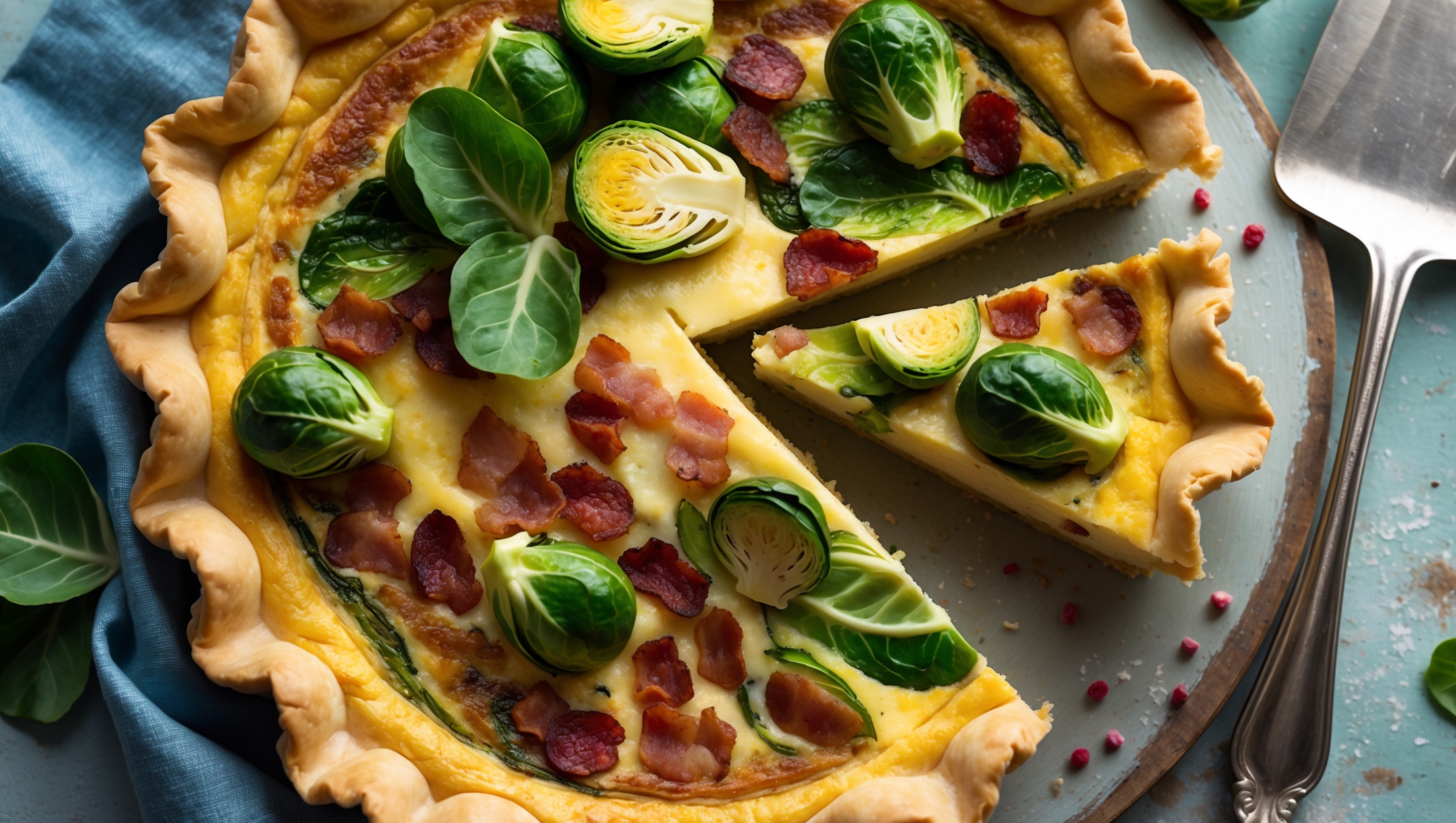 An overhead shot of a golden-brown Brussels Sprout and Bacon Quiche, showcasing its perfectly flaky crust with decorative crimped edges. The cross-section reveals layers of caramelized Brussels sprouts and bits of crispy bacon suspended in a creamy egg custard. Soft natural light streams across the scene, highlighting the varying shades of green from the sprouts and the rustic texture of the pastry. The quiche rests on a weathered wooden serving board, garnished with a few fresh Brussels sprout leaves and scattered pink peppercorns. A vintage blue linen napkin and silver cake server sit alongside, ready for serving, while steam gently rises from the just-sliced wedge, conveying its fresh-from-the-oven appeal.