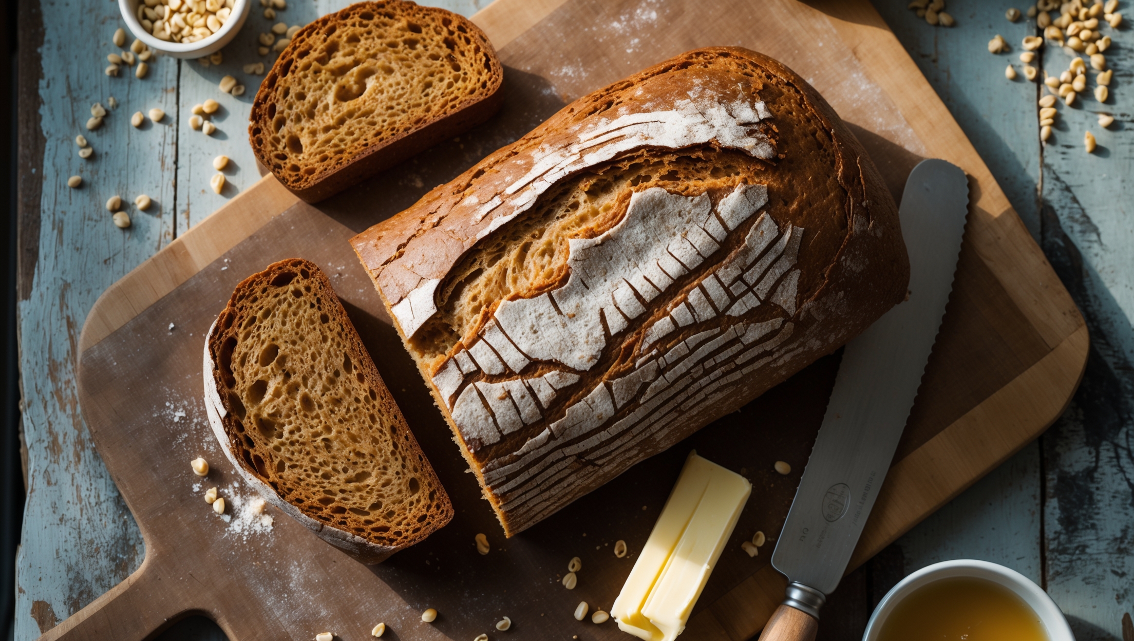 An overhead shot of a rustic loaf of buckwheat bread on a wooden cutting board, with one thick slice cut to reveal its moist, nuanced interior crumb structure. The bread's crust has a beautiful deep amber color with slight cracking, dusted with a fine layer of flour. Natural window light casts gentle shadows across the loaf, highlighting its artisanal texture. Surrounding the bread are scattered buckwheat groats, a small dish of honey, and a butter knife with a curl of cultured butter, all arranged on a weathered farmhouse table that enhances the bread's wholesome, homemade character.