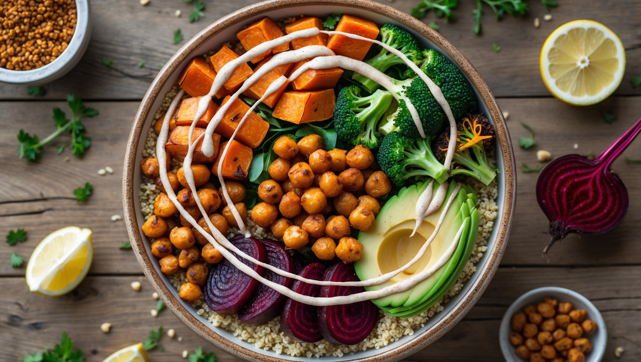 An overhead shot of a beautifully arranged Buddha Bowl featuring concentric circles of colorful ingredients on a base of fluffy quinoa. The composition showcases golden roasted sweet potatoes, vibrant roasted broccoli florets, ruby-red roasted beets, creamy slices of avocado, and crispy spiced chickpeas, all drizzled with tahini dressing that creates artistic white streaks across the bowl. The scene is captured in bright natural daylight on a rustic wooden table with scattered fresh herbs and lemon wedges surrounding the earthy ceramic bowl. The contrasting textures—crunchy, crispy, creamy, and chewy—are visible, highlighting the diverse cooking techniques used in this nourishing creation.