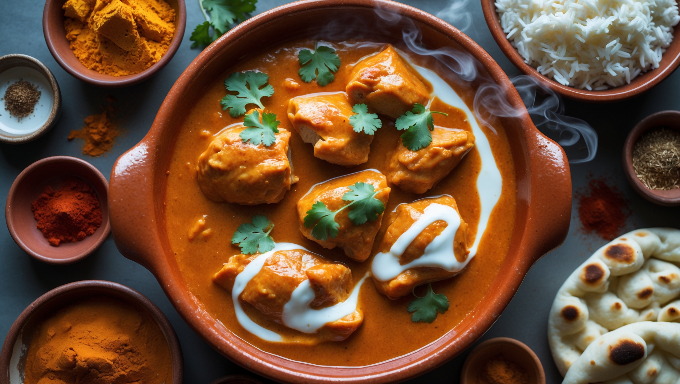 An overhead shot of a rustic earthenware dish filled with rich, orange-red Butter Chicken, garnished with fresh cilantro leaves and a swirl of cream creating artistic white patterns against the sauce. The lighting is soft and warm, highlighting the glossy surface of the sauce where small pools of melted butter glisten. Surrounding the dish are small bowls of individual spices—vibrant turmeric, crimson chili powder, and fragrant garam masala—alongside fluffy basmati rice and warm naan bread. Steam rises gently from the dish, carrying the aromatic blend of spices, while the tender chicken pieces peek through the sauce, showcasing their perfectly baked texture.