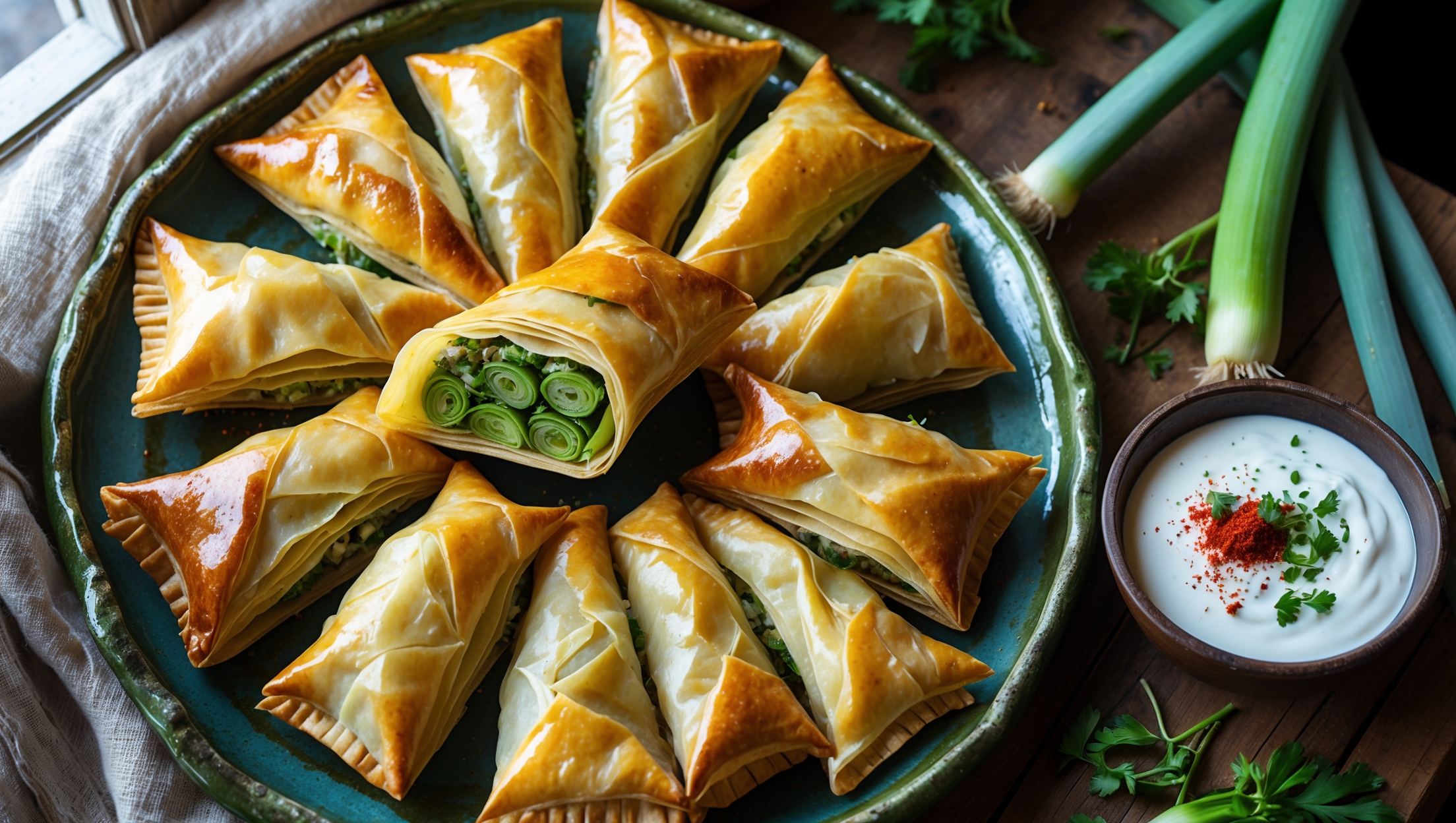 An overhead shot of golden-brown Burani pastries arranged on a handmade ceramic platter, their flaky layers visible and glistening with a light brush of olive oil. A cross-section view reveals the vibrant green leek filling nestled within the crisp phyllo layers. Soft natural light streams in from a nearby window, highlighting the delicate texture of the pastry. A small bowl of yogurt sauce sits alongside, garnished with sprinkles of paprika and fresh herbs. The platter is placed on a rustic wooden table with scattered fresh leeks and herbs creating an inviting Afghan-inspired tableau that emphasizes the pastry's homemade appeal.