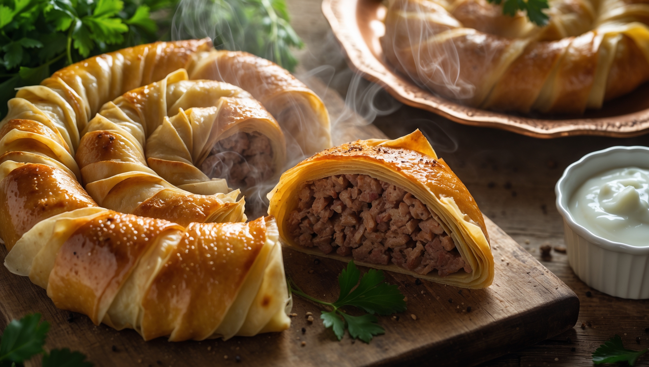 An overhead shot of a golden-brown, spiral-shaped burek sa mesom, cut to reveal its juicy meat filling between crisp, flaky phyllo layers. Soft natural light catches on the glistening, butter-brushed exterior, highlighting the intricate, crackly texture. A cross-section piece sits on a rustic wooden board beside fresh parsley sprigs and a small ramekin of tangy yogurt. Steam gently rises from the freshly cut portion, showcasing the aromatic minced meat filling studded with onions and spices. A vintage copper serving plate holds the remaining spiral pie, with flecks of black pepper visible on the savory interior.
