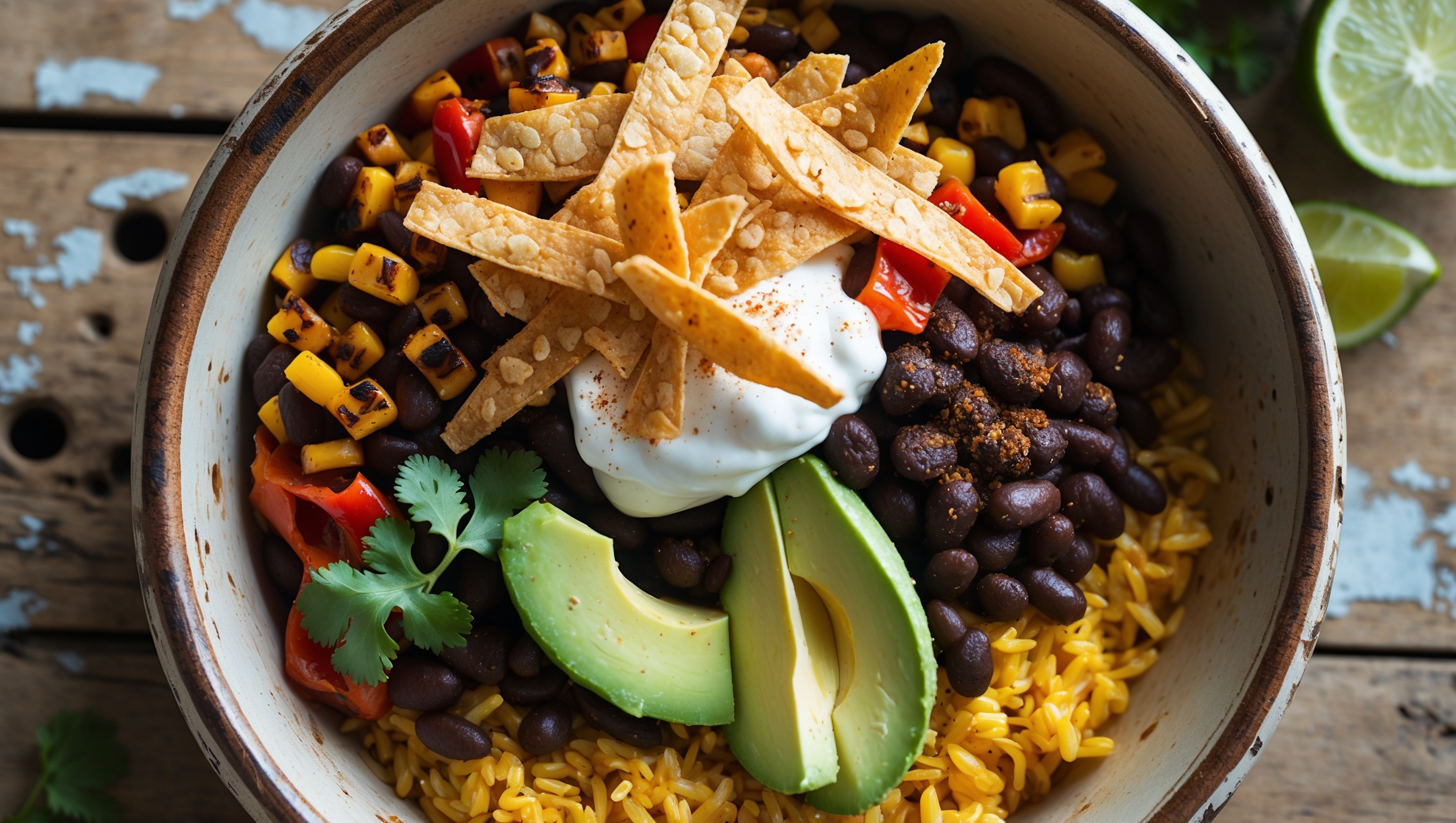 An overhead shot of a rustic ceramic bowl capturing the vibrant layers of this baked burrito bowl, showcasing the golden-brown edges of roasted corn kernels, charred bell peppers, and cumin-spiced black beans nestled on a bed of fluffy saffron-colored rice. Soft natural light highlights the textures of the crispy tortilla strips crowning the bowl, while dollops of sour cream and vibrant green avocado slices add creamy contrast. A sprinkle of fresh cilantro and lime wedges positioned at the edge of the distressed wooden table add brightness, with a subtle dusting of smoky paprika visible across the colorful landscape of ingredients.