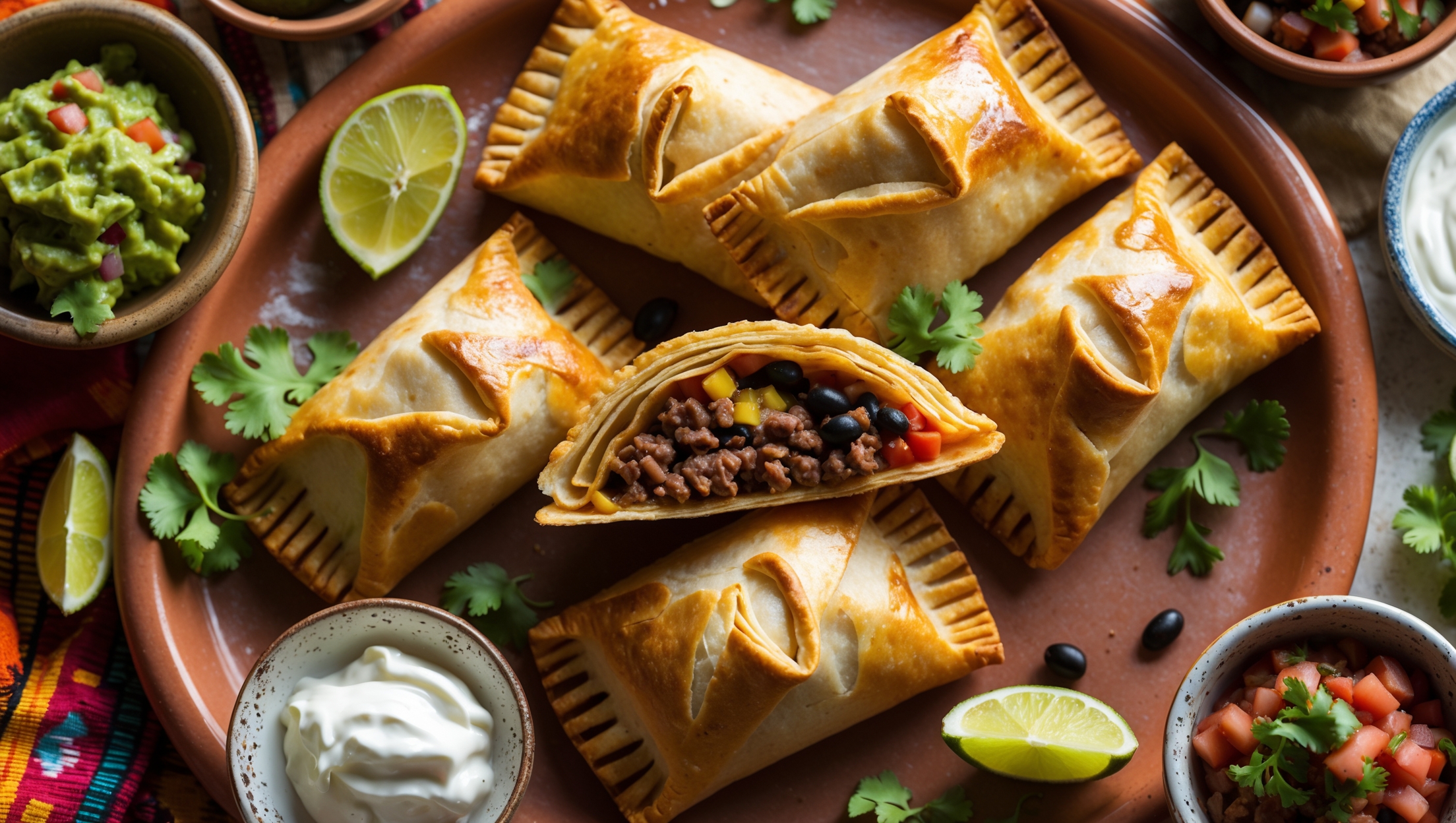An overhead shot of golden-brown burrito hand pies arranged on a rustic terracotta serving platter, with one pie broken open to reveal the colorful filling of seasoned ground beef, black beans, and melted cheese. Soft natural light highlights the flaky layers of the pastry crust, while small bowls of vibrant guacamole, fresh salsa, and sour cream surround the platter. A scattering of fresh cilantro leaves and lime wedges adds bright green accents, and the background features warm-toned Mexican-inspired textiles that complement the hand pies' spice-flecked filling.