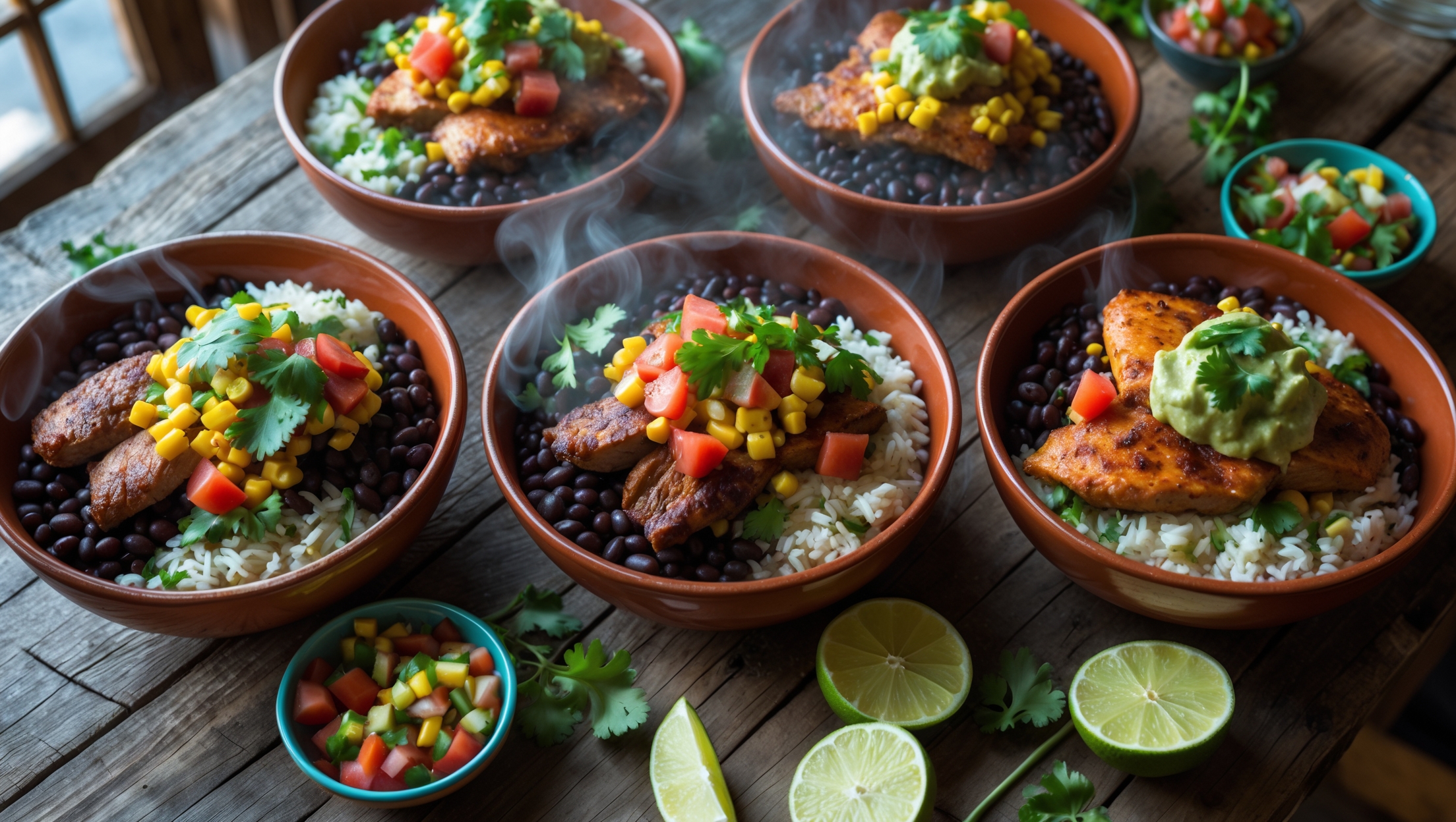 An overhead shot showcasing a rustic wooden table with several colorful burrito bowls arranged in a festive pattern. Each earthenware bowl contains layers of cilantro-lime rice, glossy black beans, and vibrant proteins including seared beef, golden-brown chicken, and roasted vegetables. The bowls feature striking color contrasts from fresh corn salsa, bright red tomatoes, creamy guacamole, and melting cheese. Soft natural light streams in from a side window, highlighting the steam rising from the warm components. Scattered lime wedges, fresh cilantro sprigs, and small bowls of various toppings surround the main dishes, creating an inviting, interactive meal setting that emphasizes the build-your-own concept.