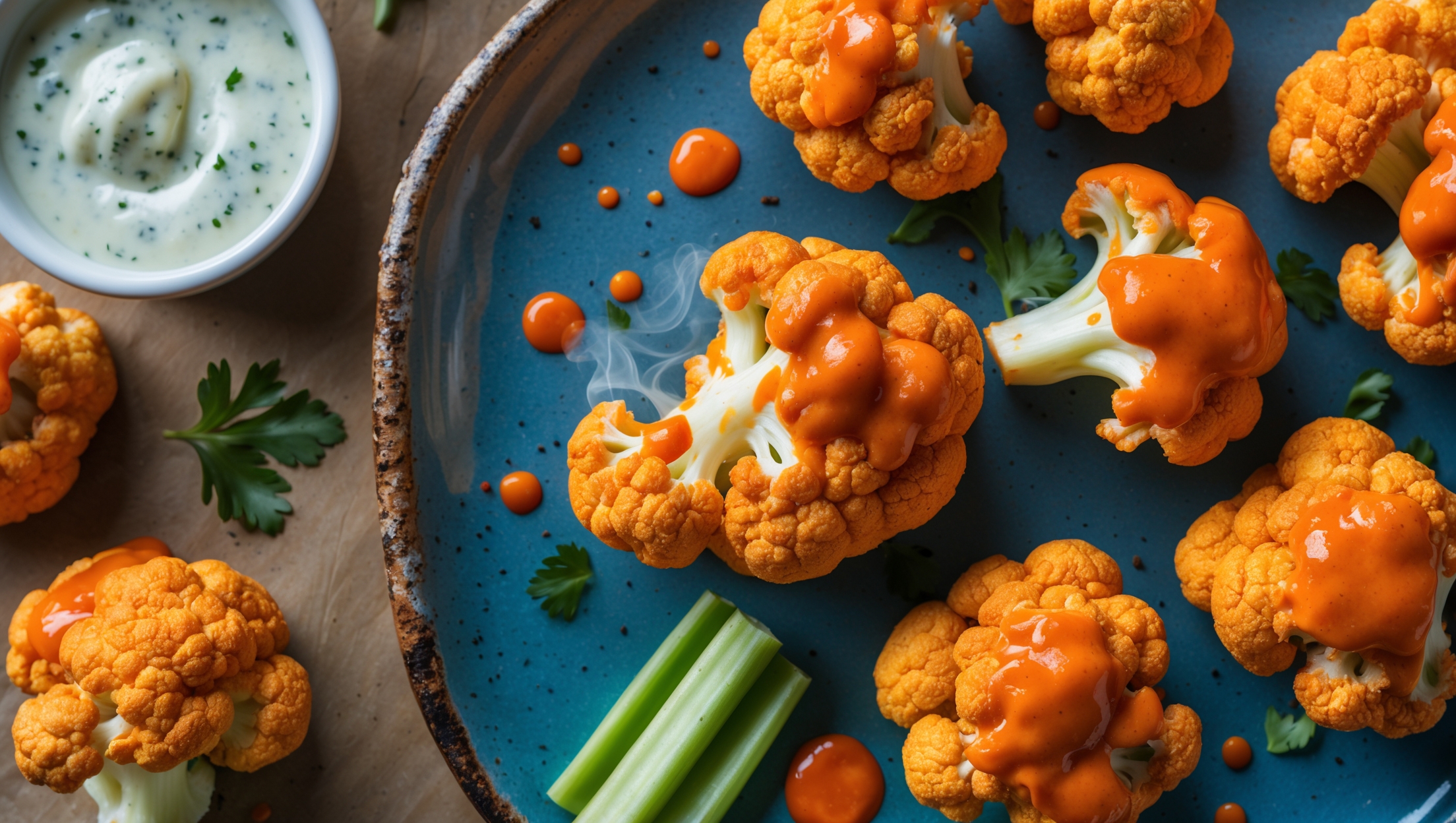 An overhead shot of golden-brown, crispy buffalo cauliflower wings arranged on a rustic blue ceramic platter, with visible bits of spice-flecked batter creating an appealing textured surface. Steam gently rises from the freshly baked florets which glisten with vibrant red-orange buffalo sauce. Soft natural light highlights the contrast between the crispy exterior and tender cauliflower interior visible where one piece has been broken apart. To the side sits a small white ramekin of cool blue cheese dipping sauce and a scatter of fresh celery sticks, creating a perfect color complement to the fiery wings. Droplets of sauce and a light dusting of parsley add finishing touches to this healthier take on a classic appetizer.