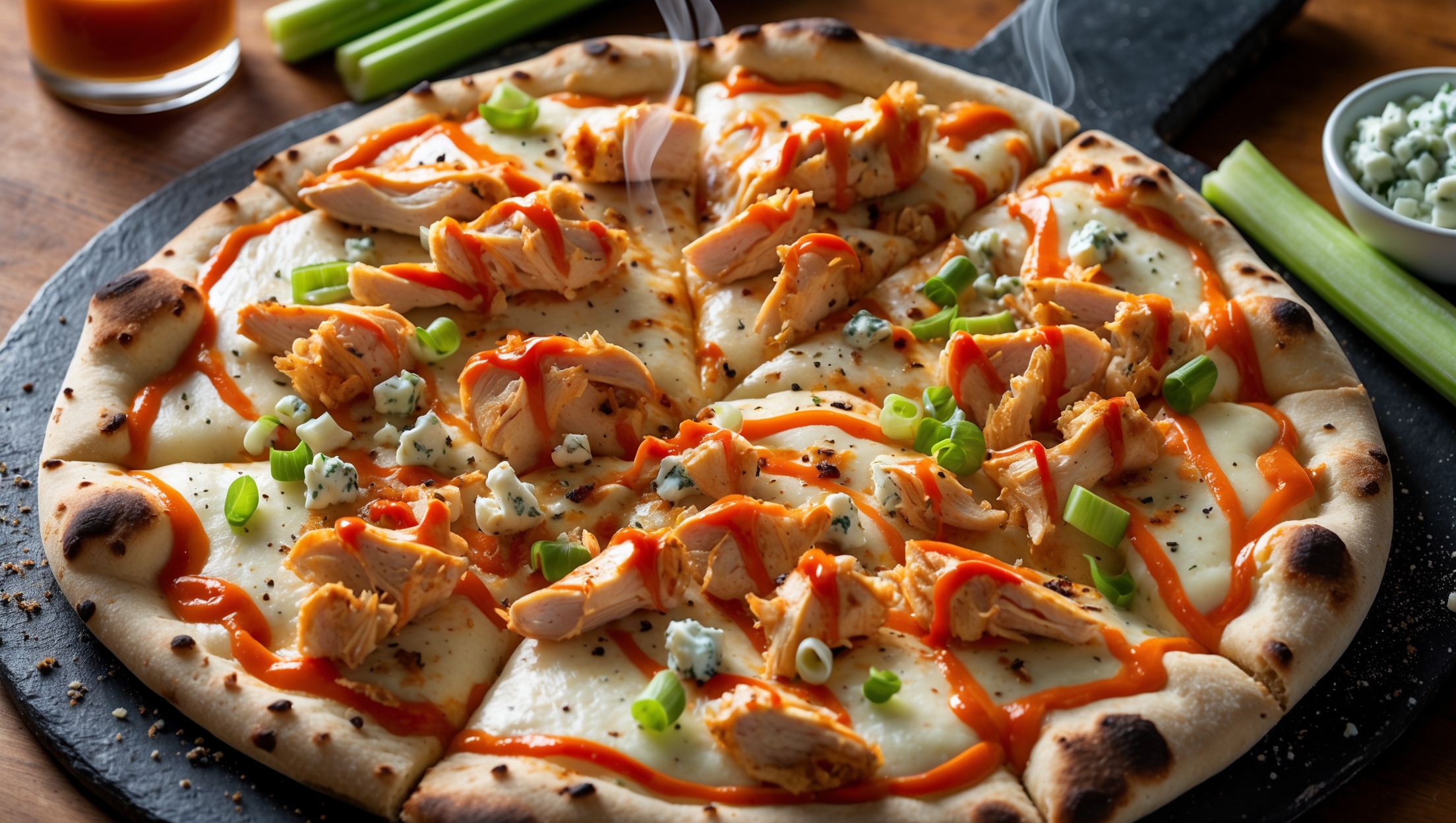 An overhead shot of a rustic round Buffalo Chicken Pizza with a golden-brown crust, showcasing vibrant orange-red buffalo sauce swirls against melted mozzarella cheese. The pizza is photographed in warm natural light on a dark stone pizza peel, with visible shreds of tender chicken, scattered green onions, and crumbles of blue cheese creating appetizing texture contrasts. Steam rises gently from the freshly-baked surface, while celery sticks and a small bowl of blue cheese dressing sit alongside, hinting at the classic buffalo wing inspiration. A light dusting of dried herbs and a drizzle of hot sauce adds visual dimension, with the crust exhibiting perfect air bubbles and a light char from the hot oven.