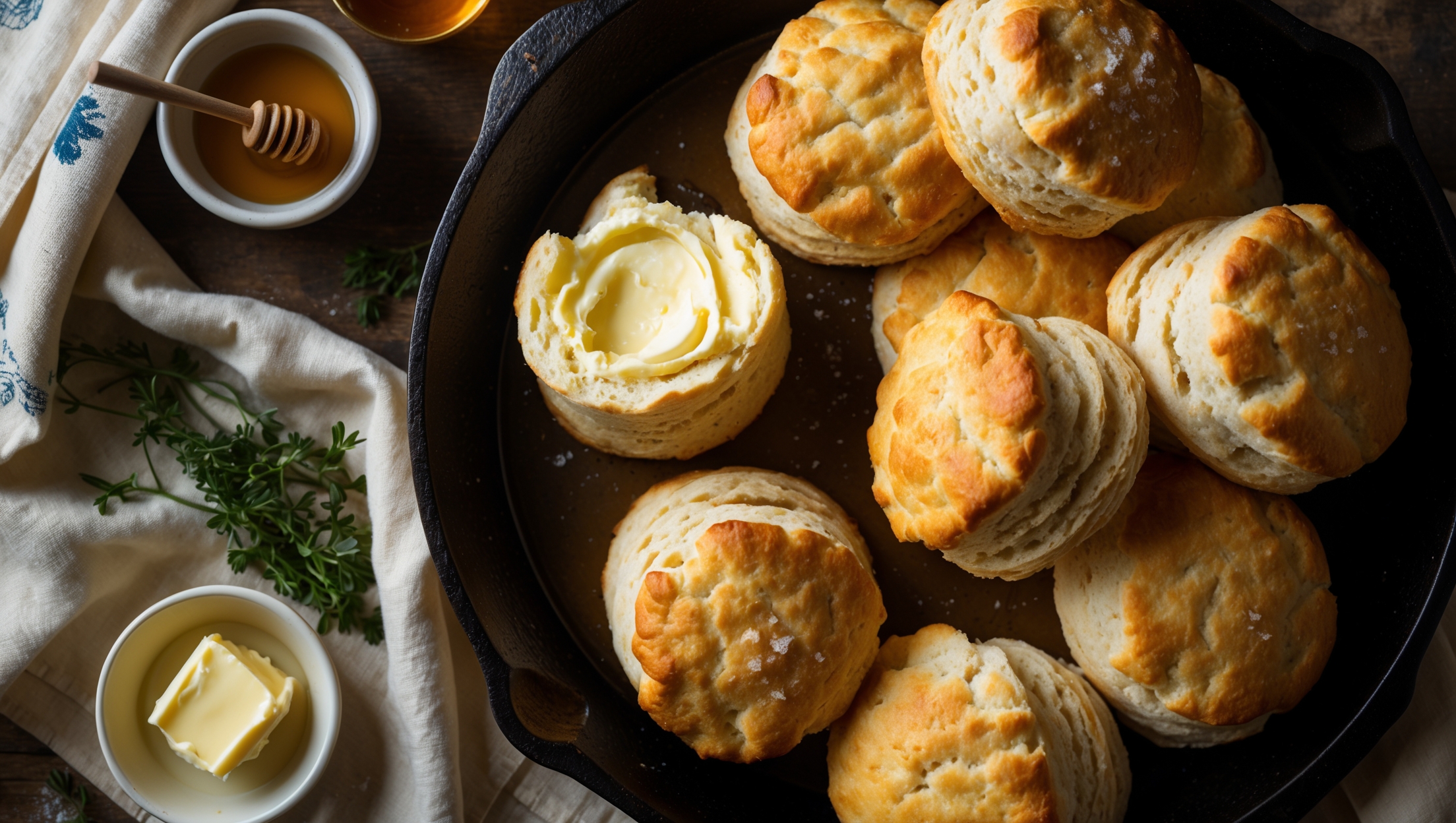 An overhead shot of golden-brown buttermilk biscuits arranged in a rustic cast iron skillet, with one biscuit broken open to reveal its steaming, flaky interior layers. Soft natural morning light streams across the scene, highlighting the crisp, craggy tops dusted with tiny flecks of salt. A small ramekin of honey and a dish of softened butter sit nearby, along with scattered fresh herbs. The biscuits show distinct layers where they've been folded during preparation, with a rich contrast between the deep golden exterior and the soft, pale interior. A vintage tea towel frames the composition, while a light drizzle of honey catches the light as it's being poured onto an open biscuit.