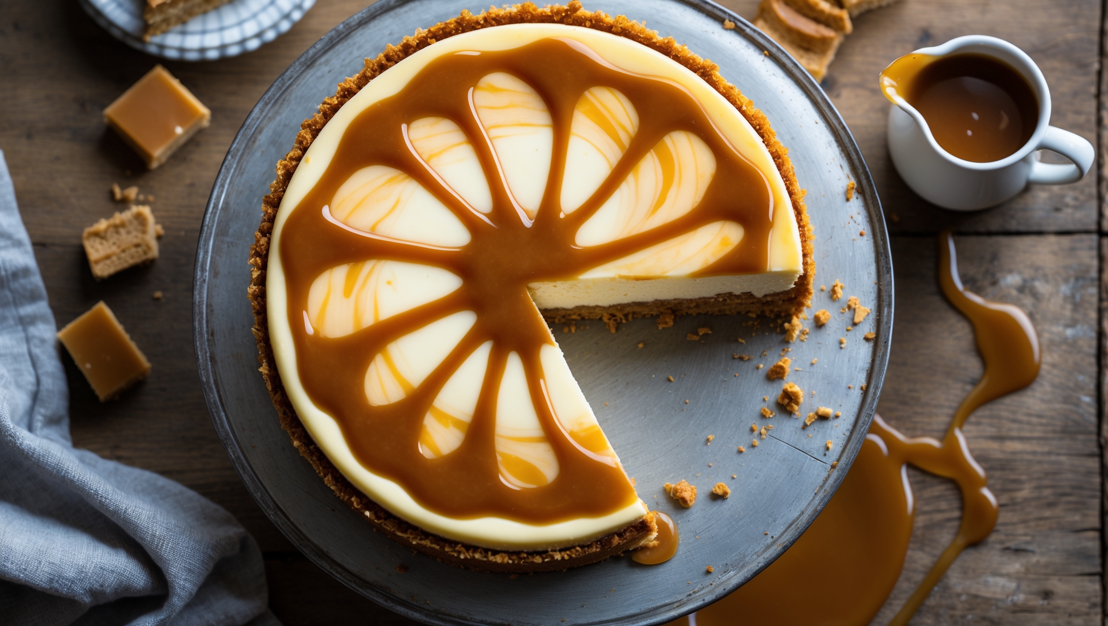 An overhead shot of a perfectly baked buttermilk dulce de leche cheesecake, with its golden caramelized top displaying beautiful swirls of dulce de leche against creamy white cheesecake. In soft natural light, the slice being removed reveals the contrast between the crunchy biscuit base and the smooth, dense interior marbled with caramel ribbons. Droplets of dulce de leche sauce cascade down the sides of the slice plated on a vintage cake stand, with a small jug of extra sauce and a scattered arrangement of crushed biscuits and caramel pieces adding texture to the rustic wooden backdrop.