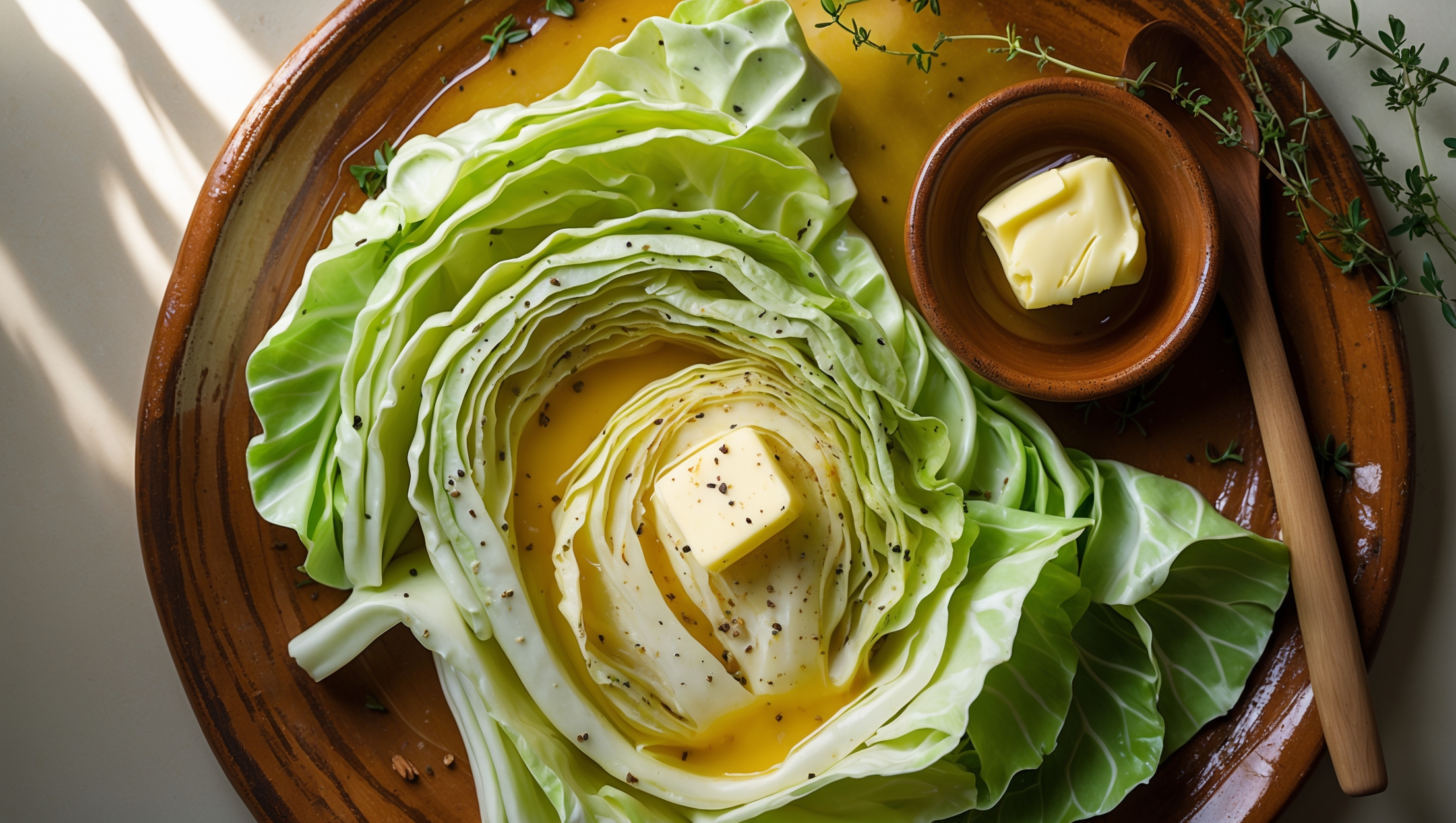 An overhead shot of glossy, emerald-green cabbage ribbons glistening with melted Irish butter on a rustic earthenware plate. Golden pools of butter collect in the natural folds of the cabbage, with tiny flecks of freshly cracked black pepper and sea salt crystals visible throughout. A wooden serving spoon rests alongside, partly submerged in the buttery cabbage. Soft natural light streams across the scene, highlighting the cabbage's silky texture against the warm ceramic background, while sprigs of fresh thyme provide subtle color contrast. A small ramekin of additional Irish butter sits nearby, beginning to soften in the warm glow.