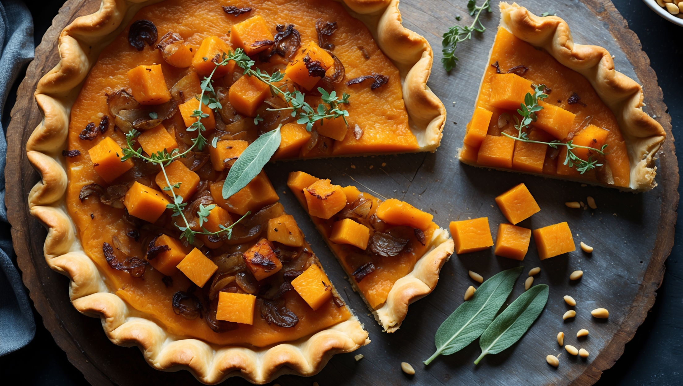 An overhead shot of a perfectly baked butternut squash tart displaying a rustic golden-brown crust with slight crimping along the edges. The filling reveals a rich orange-hued butternut squash mixture marbled with caramelized onions and flecks of fresh thyme. Soft natural light accentuates the textural contrast between the flaky pastry and smooth filling. A cross-section view shows clean slices revealing the tart's even layers. The tart sits on a weathered wooden serving board, garnished with fresh sage leaves and roasted butternut squash cubes, with a sprinkle of pine nuts adding visual interest and a hint of the recipe's nutty notes.