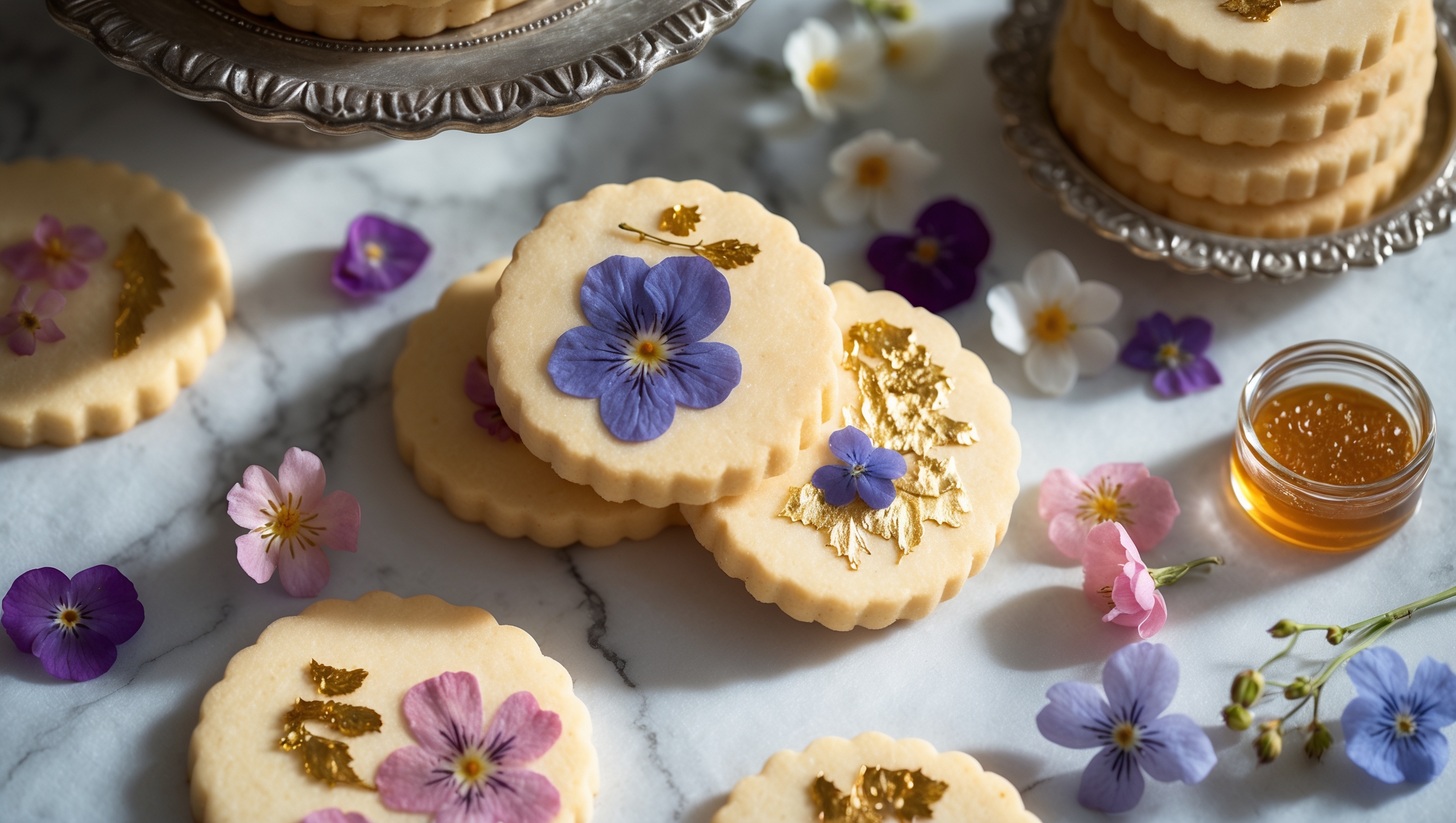 An overhead shot of perfectly golden butter cookies arranged on a white marble surface, with several cookies showcasing delicate gold leaf that catches the light brilliantly. Close-up details reveal the intricate placement of pressed edible flowers—vibrant violets, pale pink rose petals, and tiny blue cornflowers—creating a natural artwork against the rich shortbread base. Soft natural light streams in from the side, highlighting the cookies' crisp edges and tender centers. In the background, a vintage silver cake stand holds a small stack of cookies, while scattered edible flowers, a small pot of honey, and a crystal jar of gold leaf create an elegant composition that emphasizes the cookies' sophisticated yet whimsical nature.